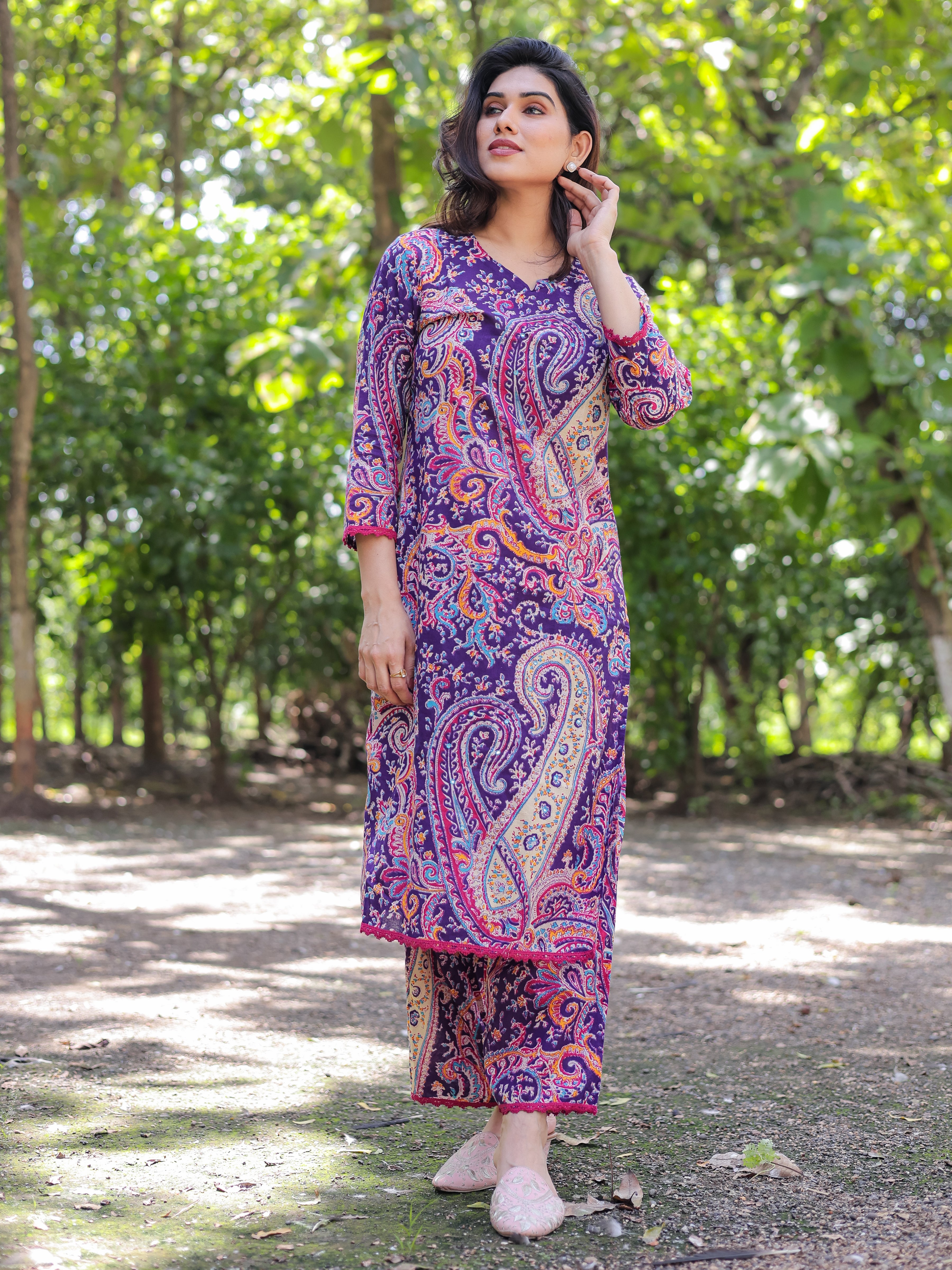 Purple Ethnic Motifs Printed Cotton Kurta with Trouser Pant