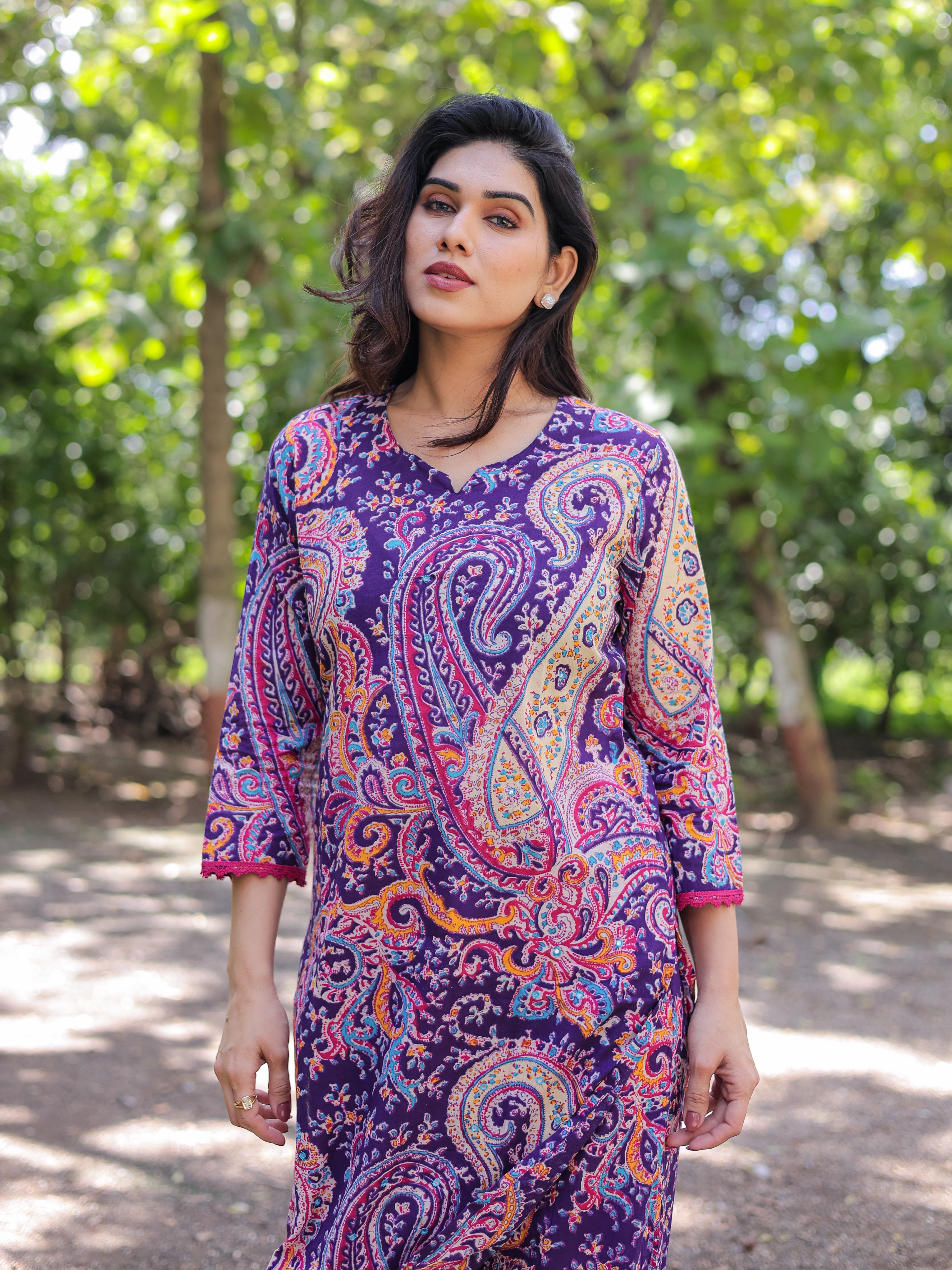 Purple Ethnic Motifs Printed Cotton Kurta with Trouser Pant