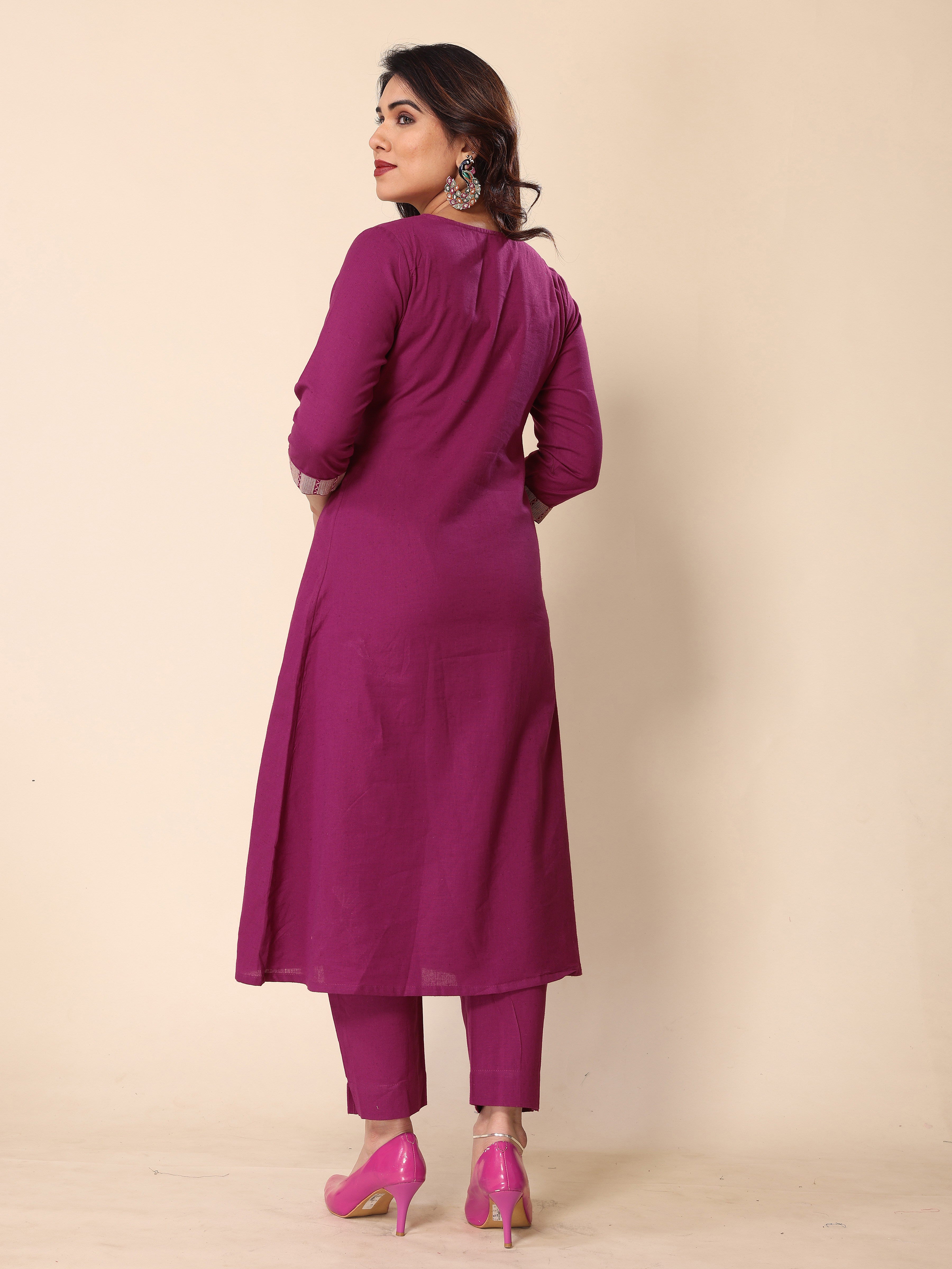Magenta Floral Embroidery A-Line Kurta with Trousers