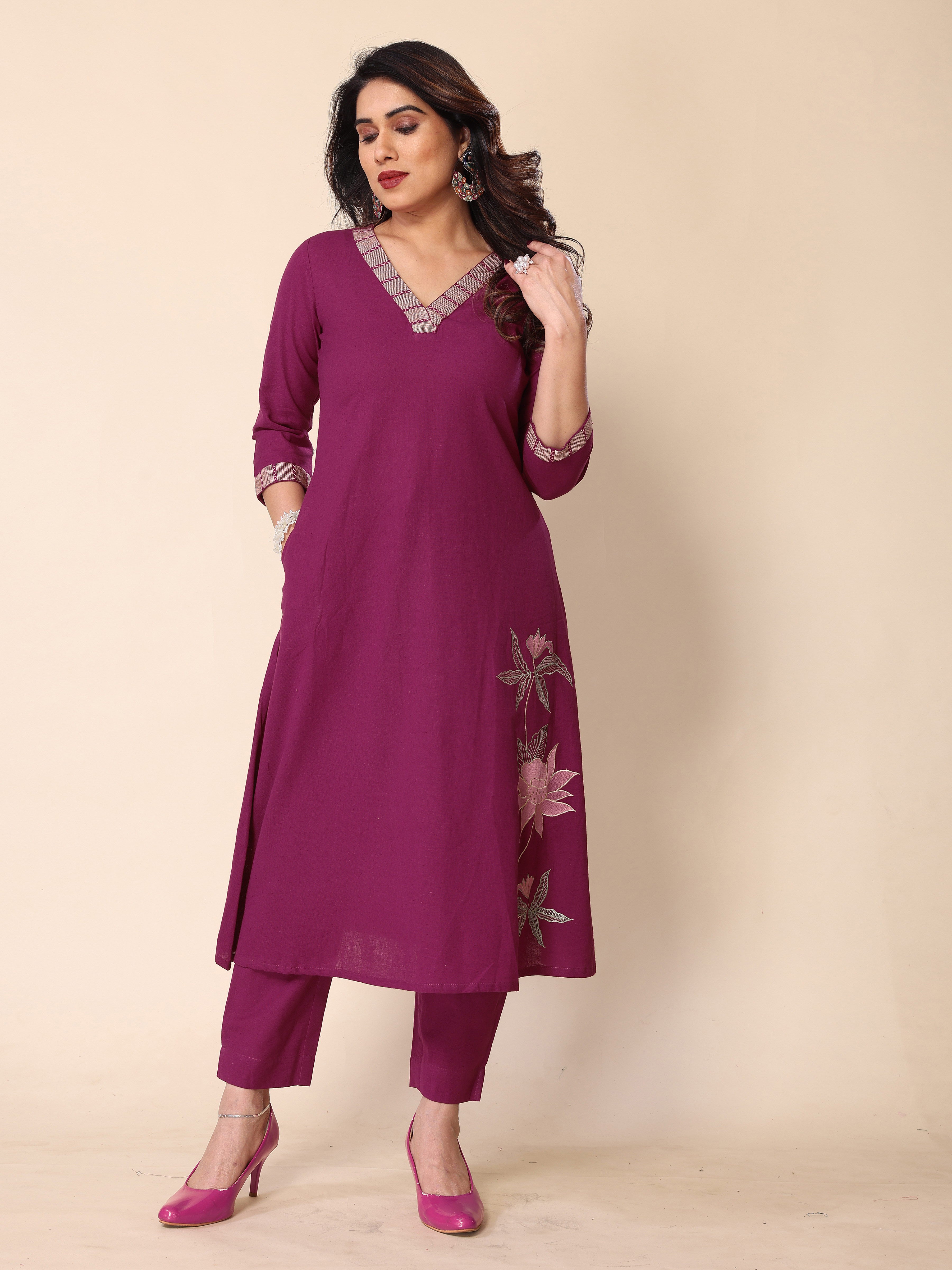 Magenta Floral Embroidery A-Line Kurta with Trousers