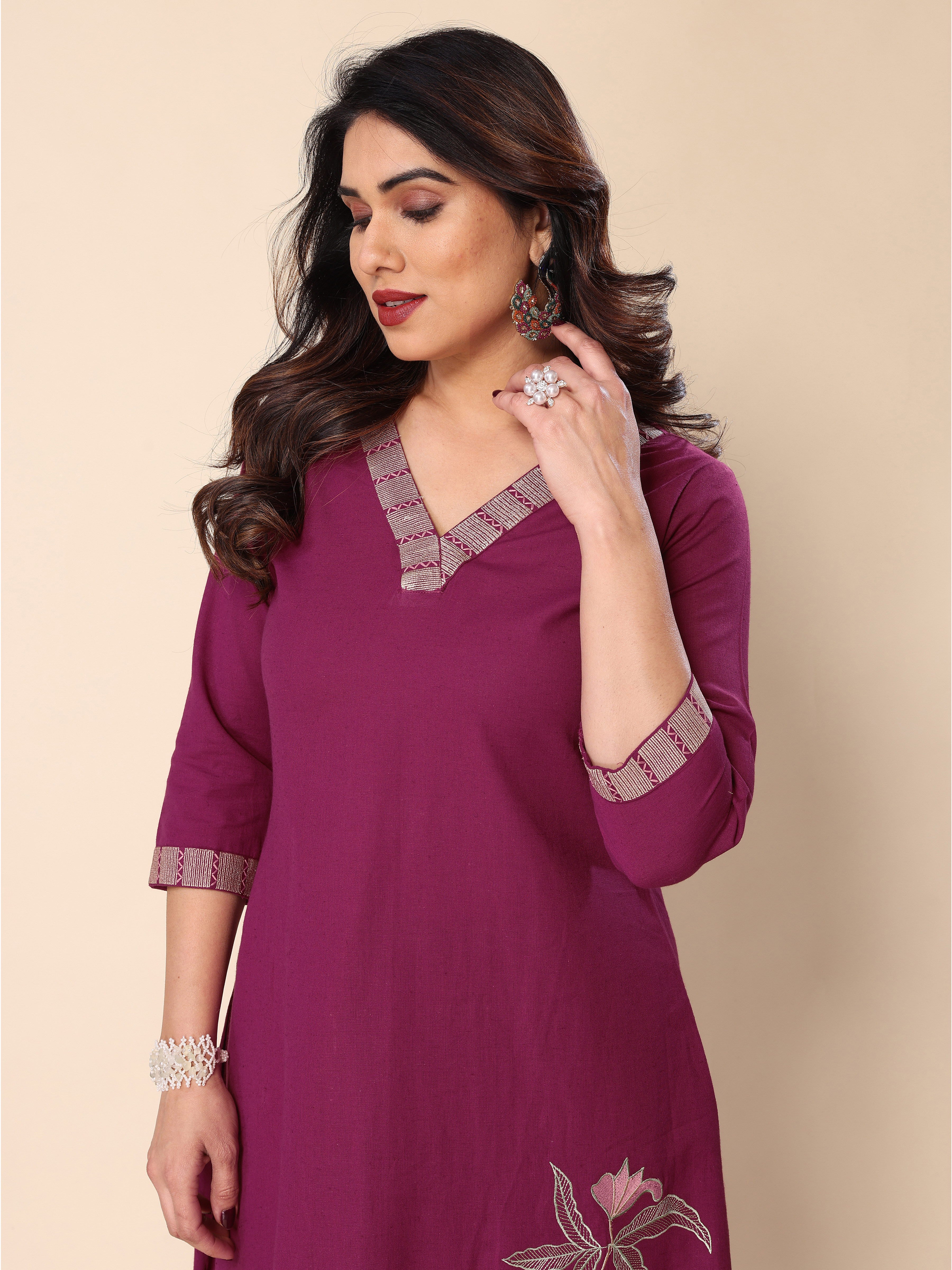 Magenta Floral Embroidery A-Line Kurta with Trousers