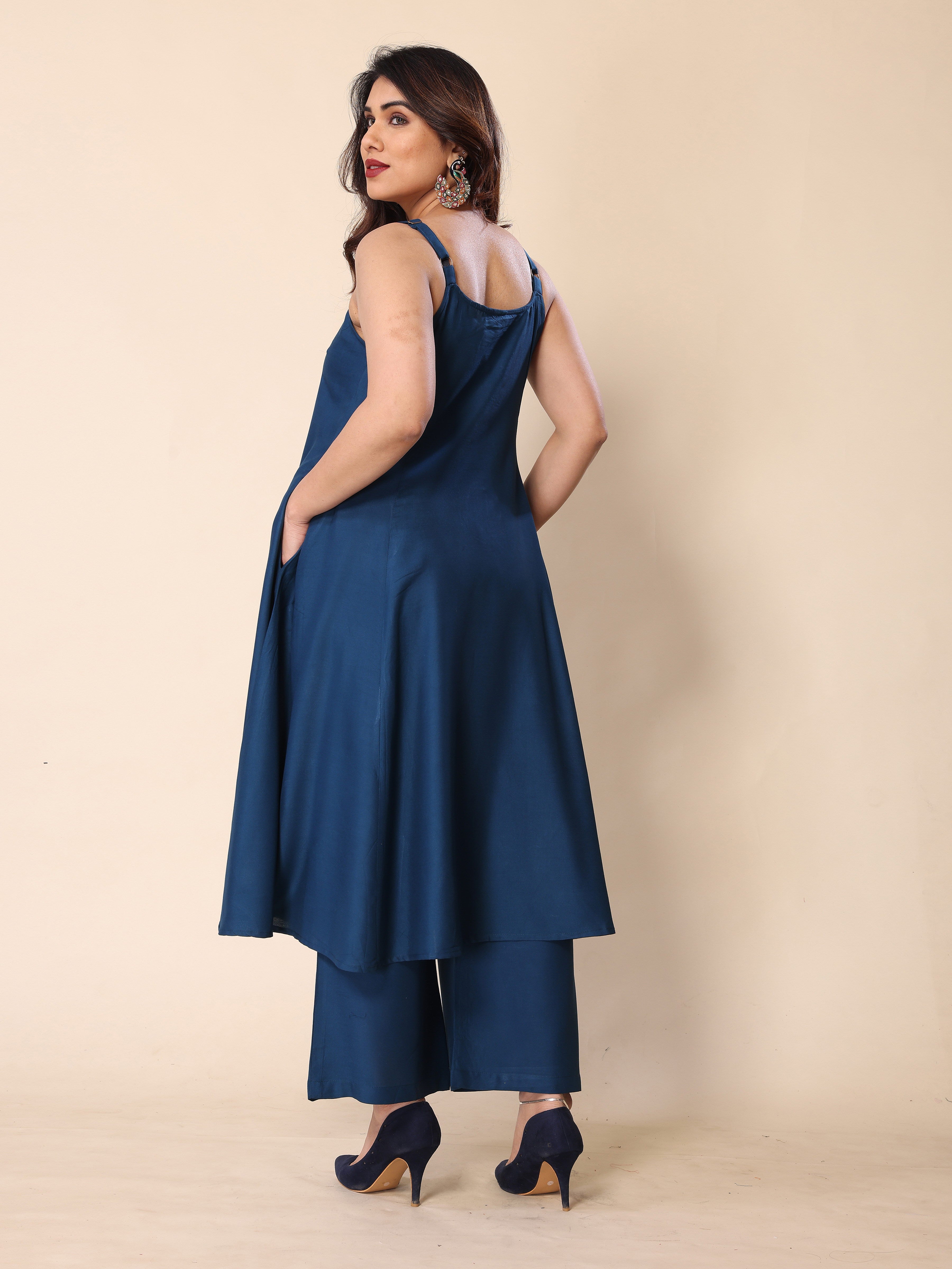 Cyan Blue Hand Mirror Embroidery A-Line Sleeveless Kurta with Trousers