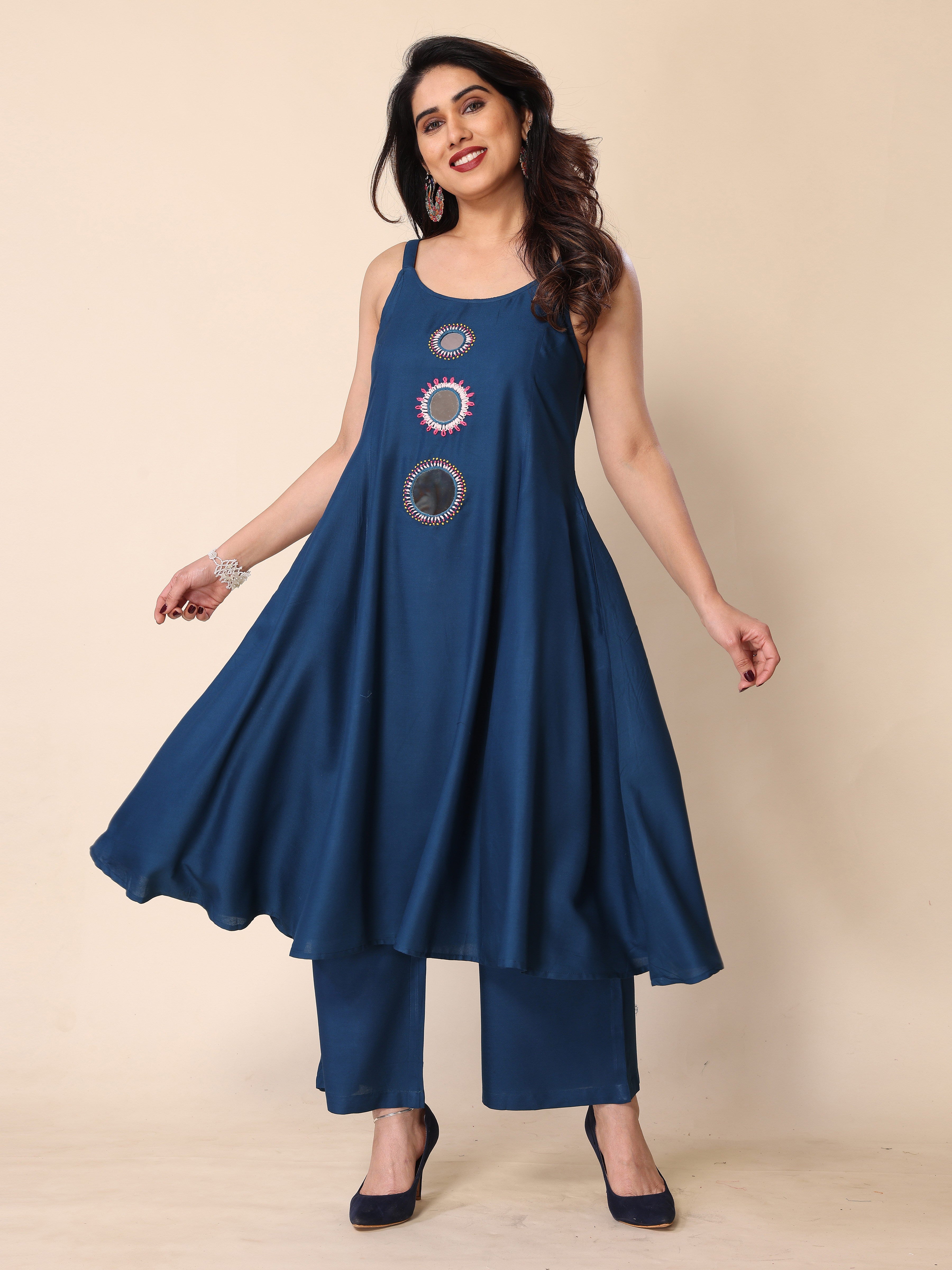Cyan Blue Hand Mirror Embroidery A-Line Sleeveless Kurta with Trousers