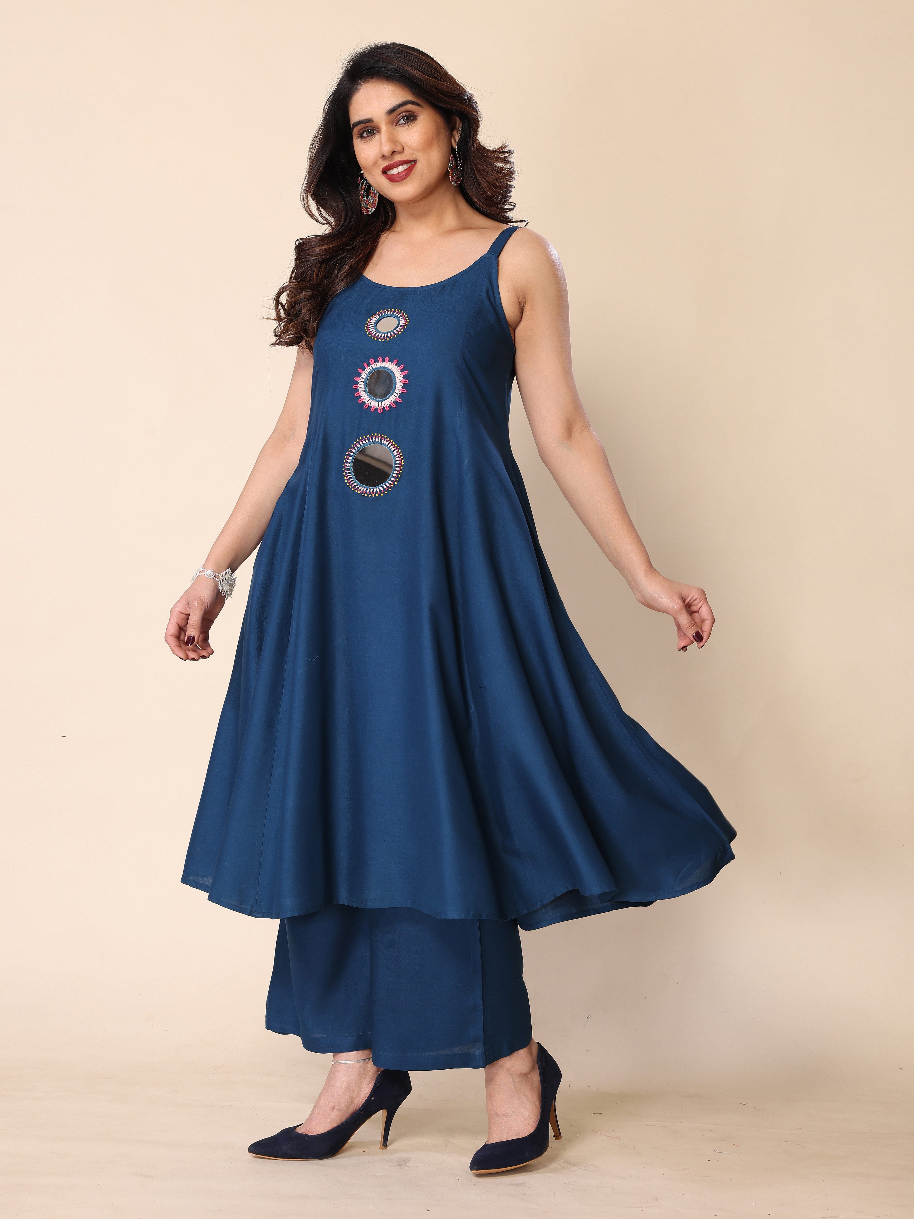 Cyan Blue Hand Mirror Embroidery A-Line Sleeveless Kurta with Trousers