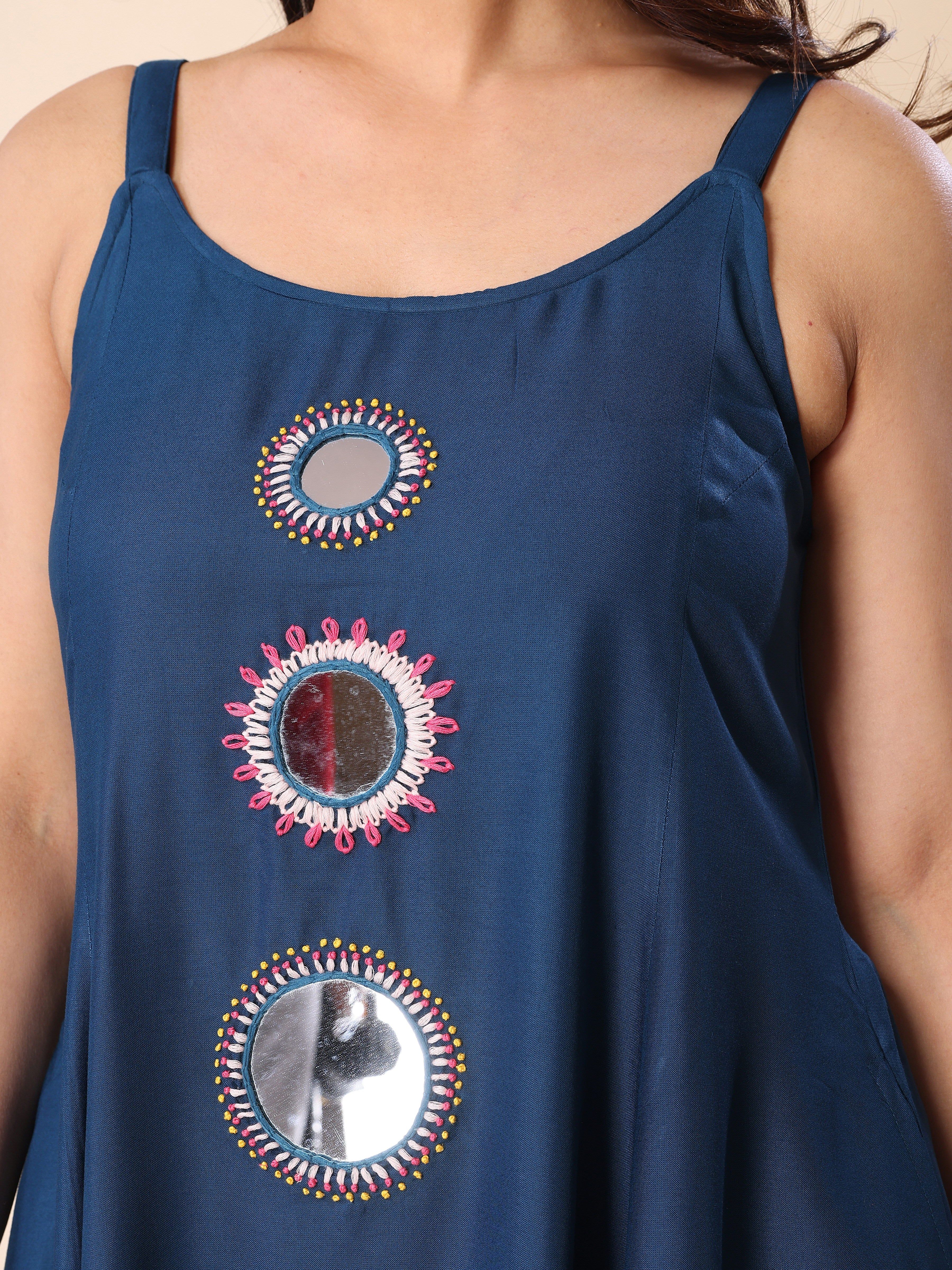 Cyan Blue Hand Mirror Embroidery A-Line Sleeveless Kurta with Trousers
