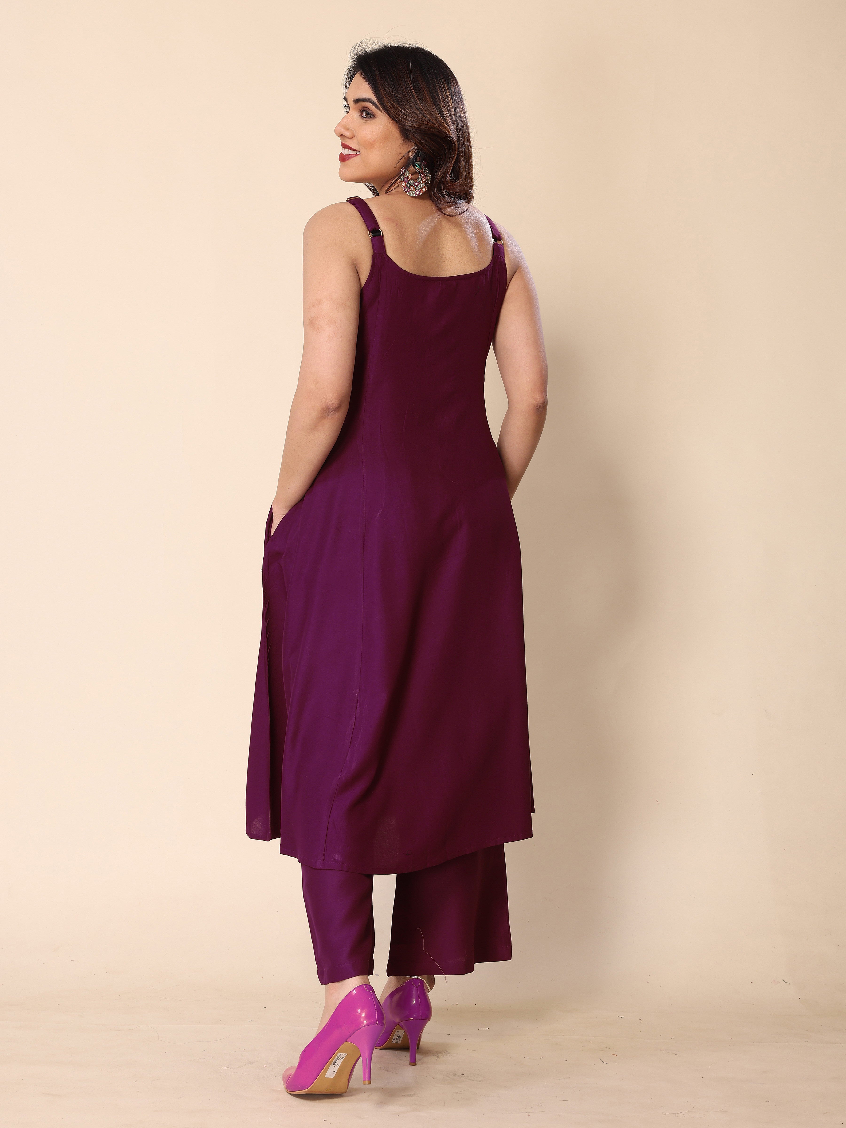 Purple Hand Mirror Embroidery A-Line Sleeveless Kurta with Trousers