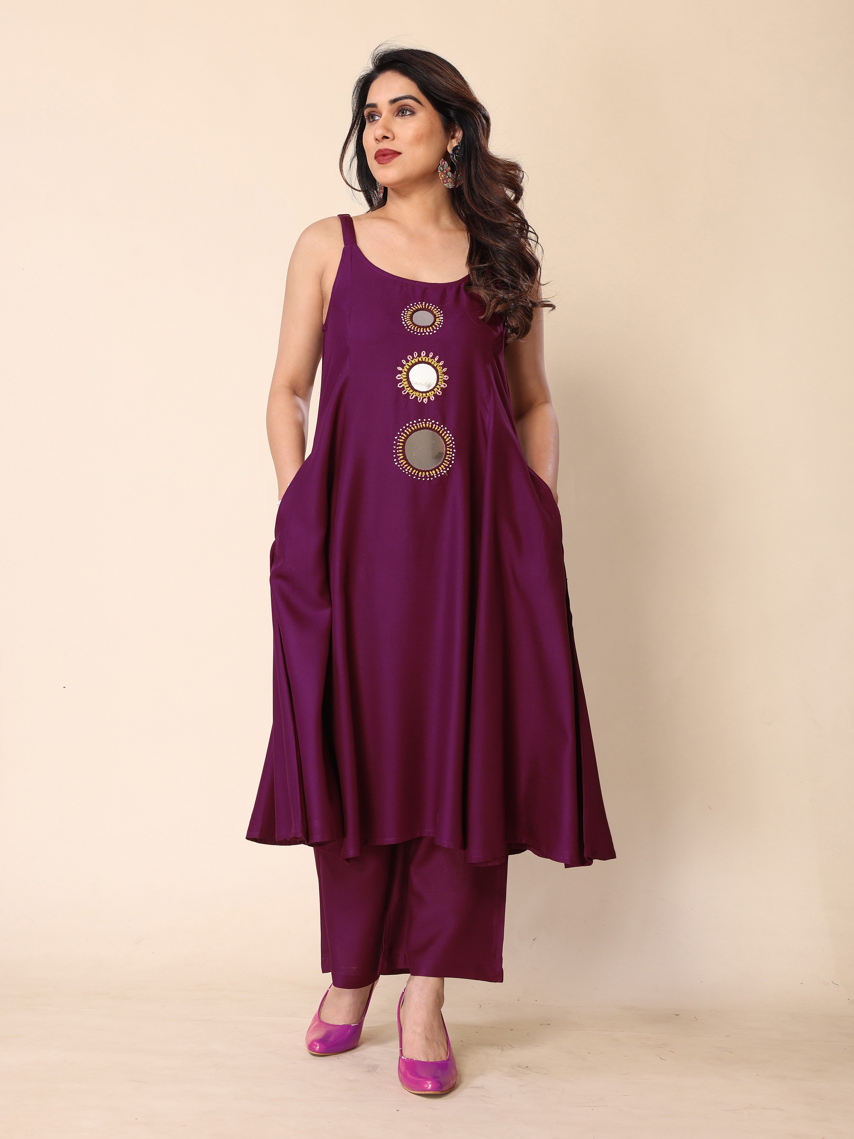 Purple Hand Mirror Embroidery A-Line Sleeveless Kurta with Trousers