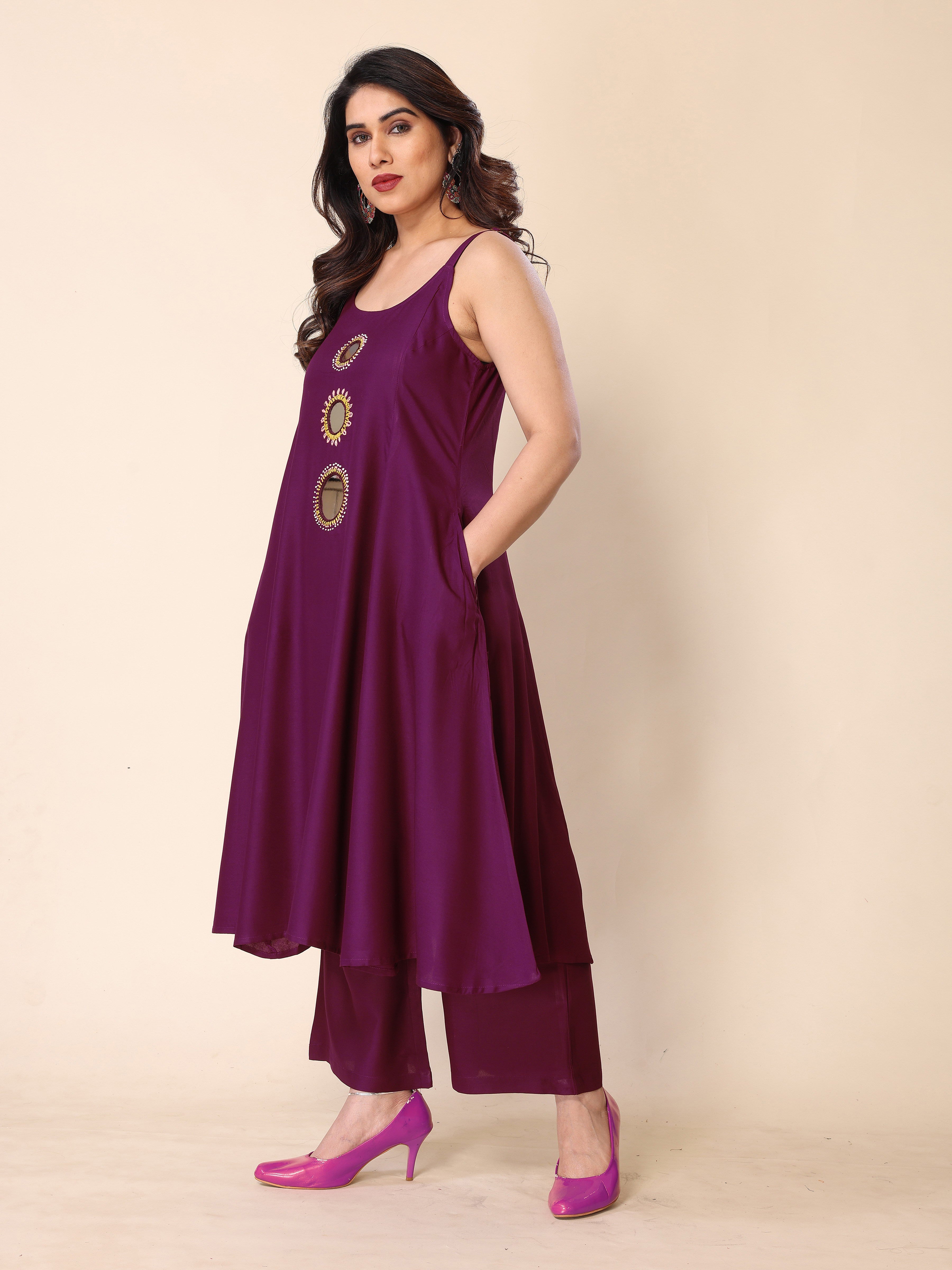 Purple Hand Mirror Embroidery A-Line Sleeveless Kurta with Trousers