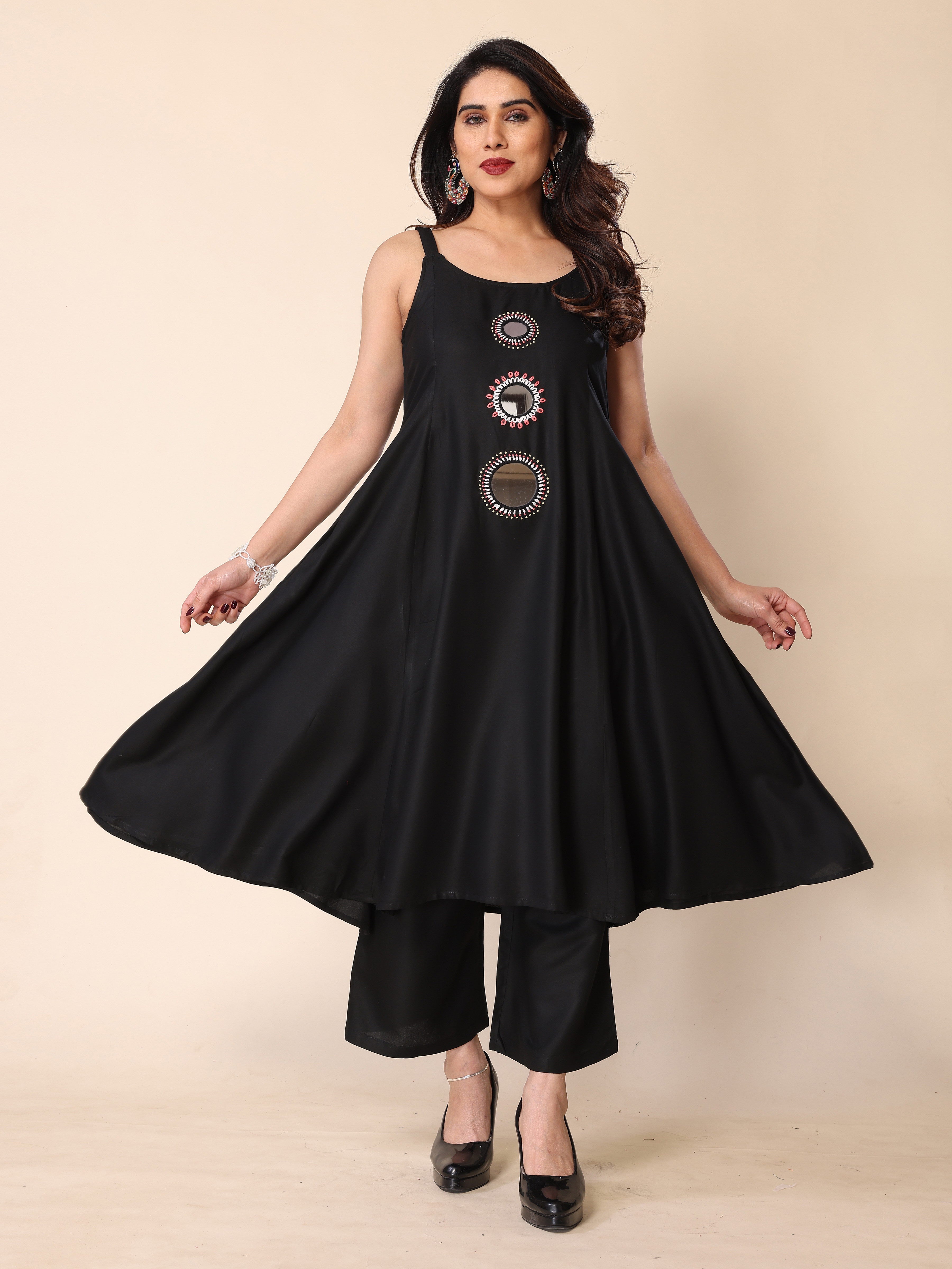 Black Hand Mirror Embroidery A-Line Sleeveless Kurta with Trousers