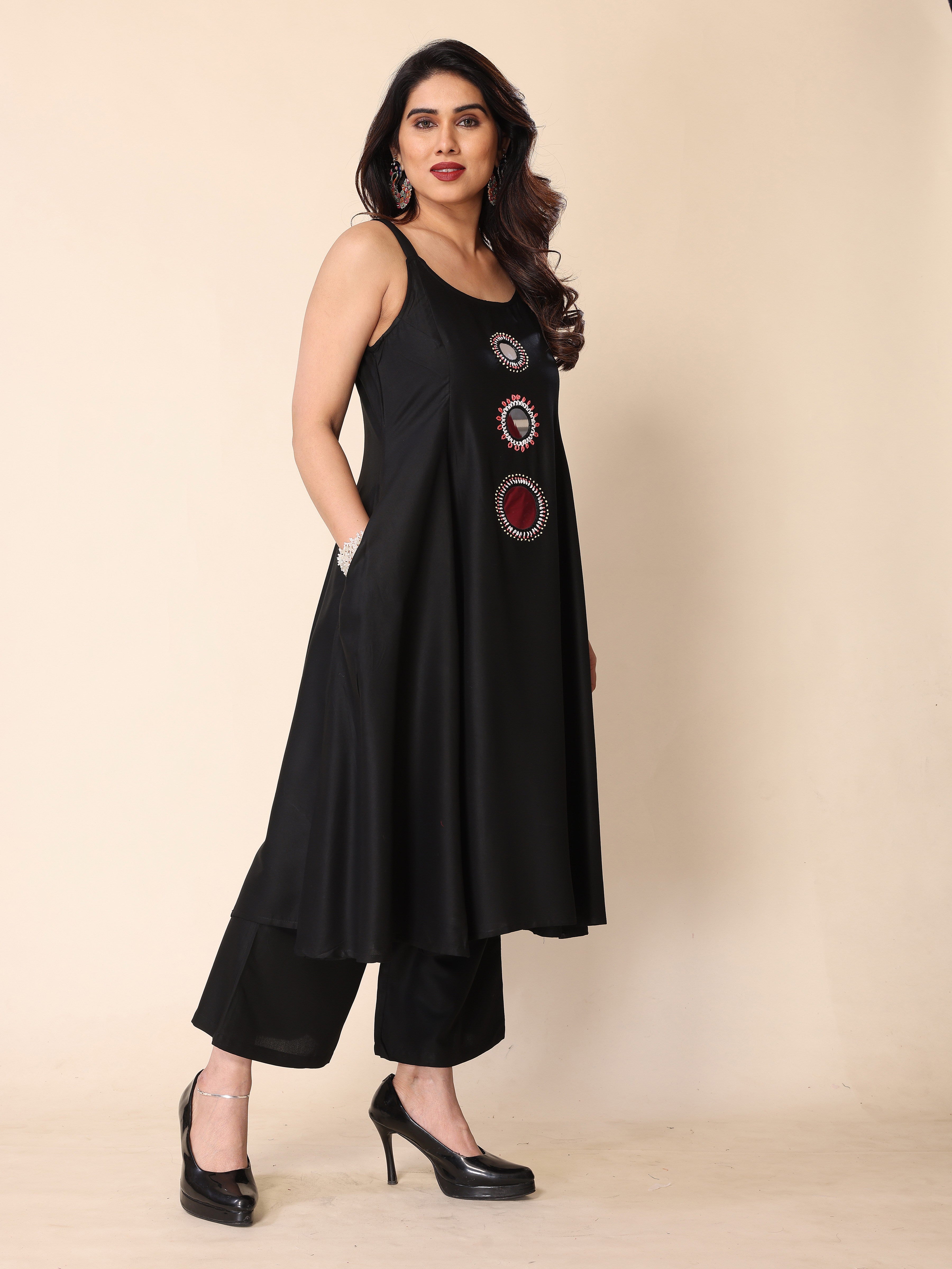 Black Hand Mirror Embroidery A-Line Sleeveless Kurta with Trousers