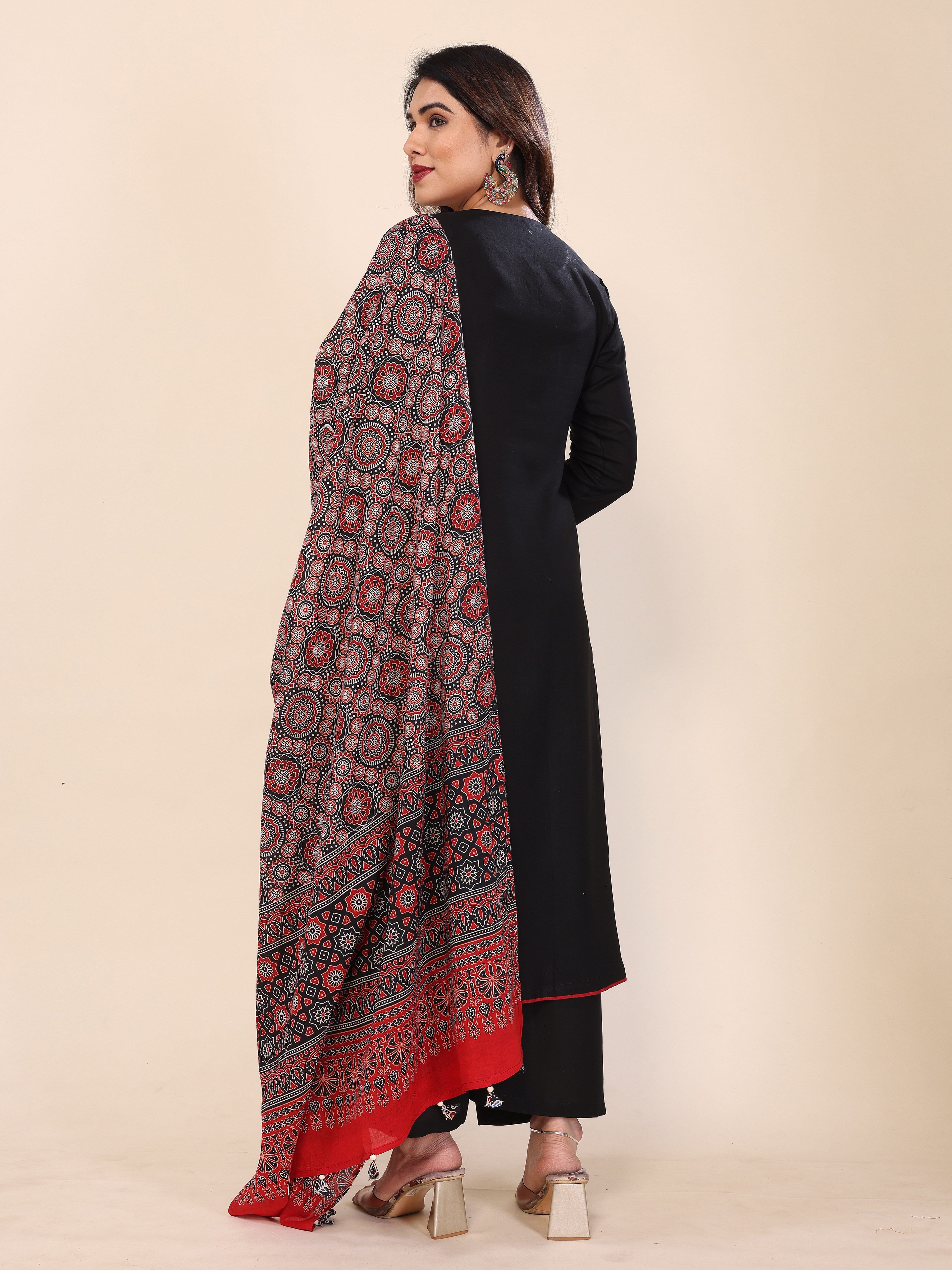 Black Kurta Palazzo Set with Ajrakh Print Dupatta – A Fusion of Tradition and Style