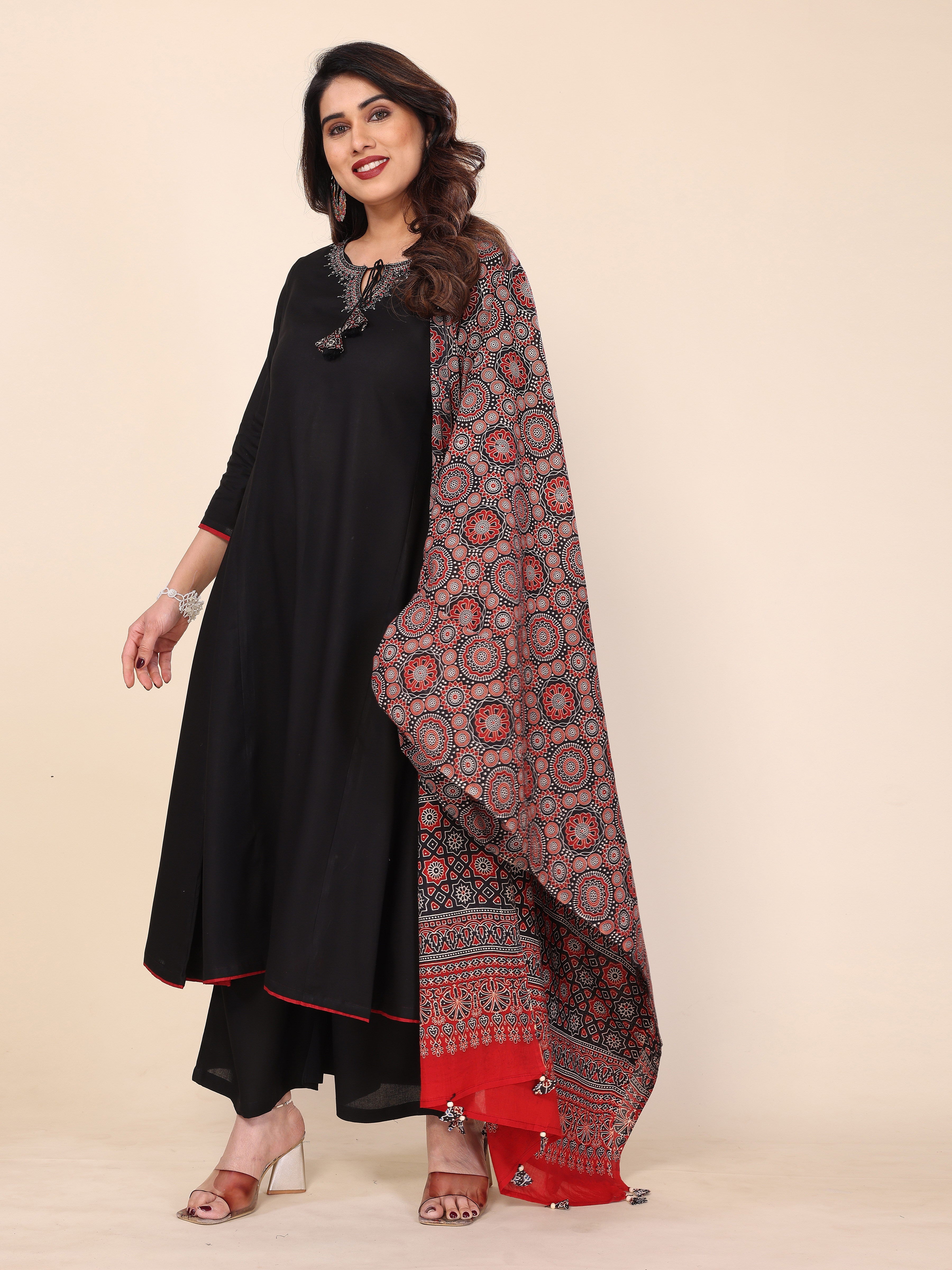 Black Kurta Palazzo Set with Ajrakh Print Dupatta – A Fusion of Tradition and Style