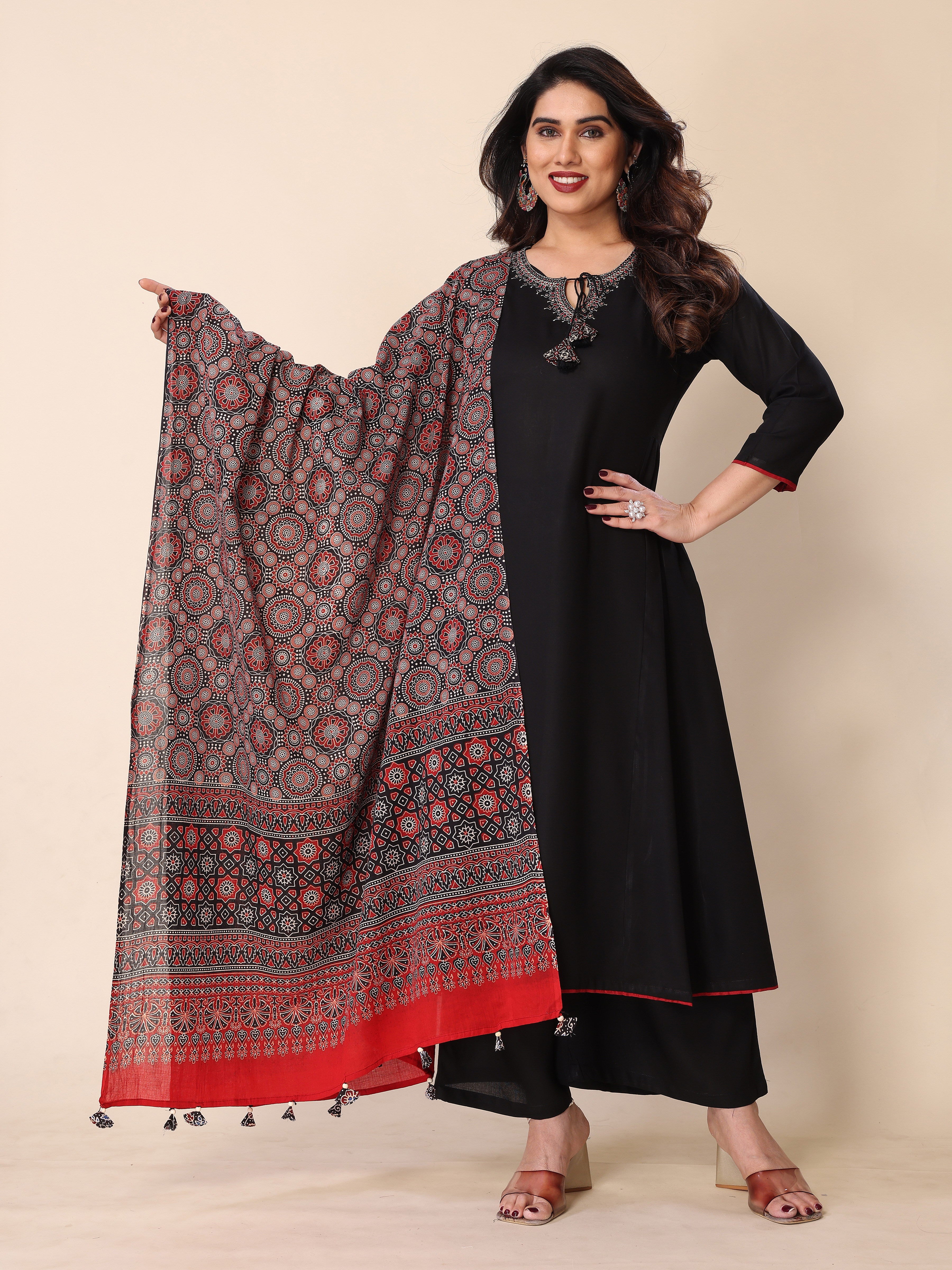 Black Kurta Palazzo Set with Ajrakh Print Dupatta – A Fusion of Tradition and Style