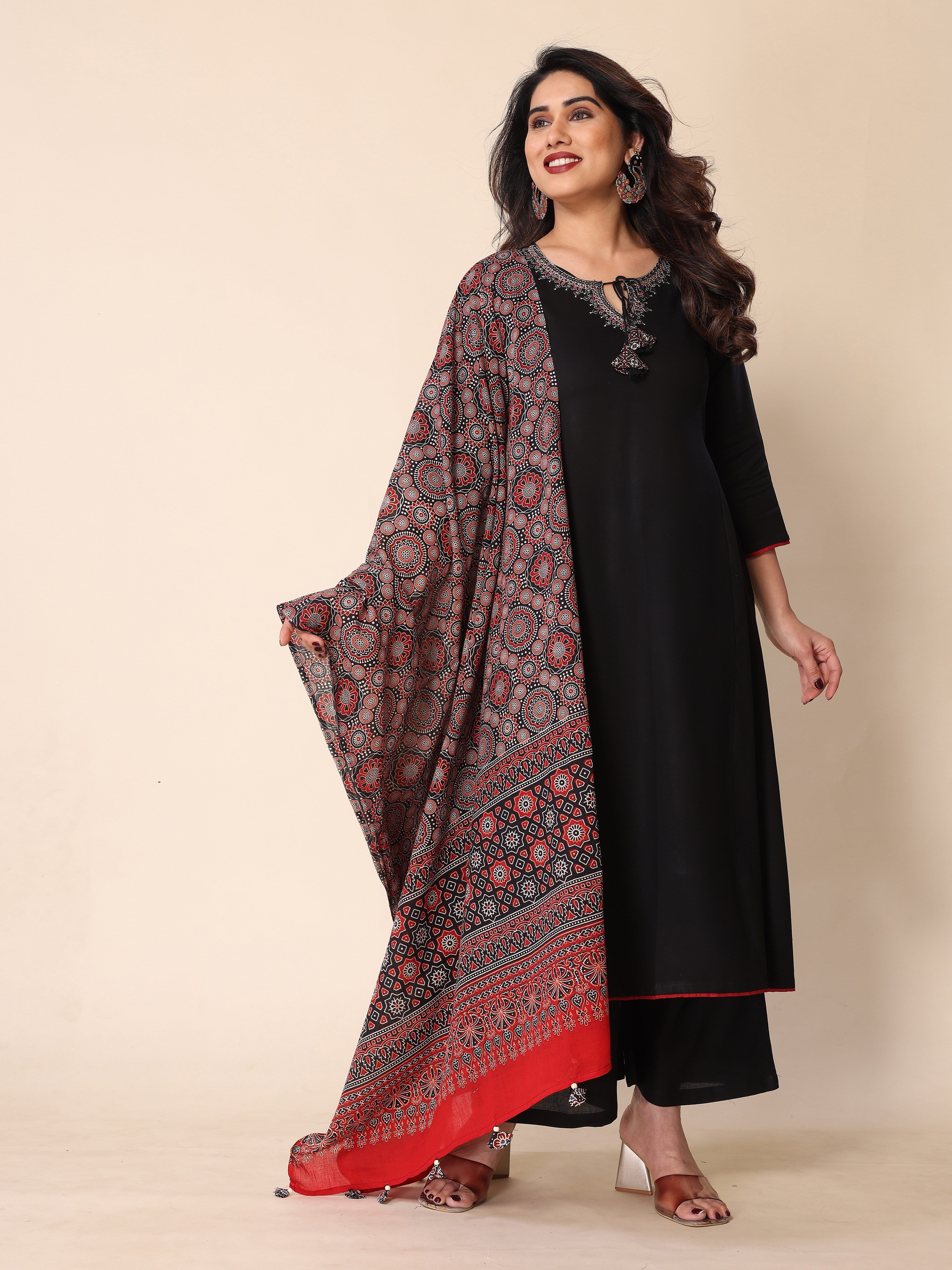 Black Kurta Palazzo Set with Ajrakh Print Dupatta – A Fusion of Tradition and Style