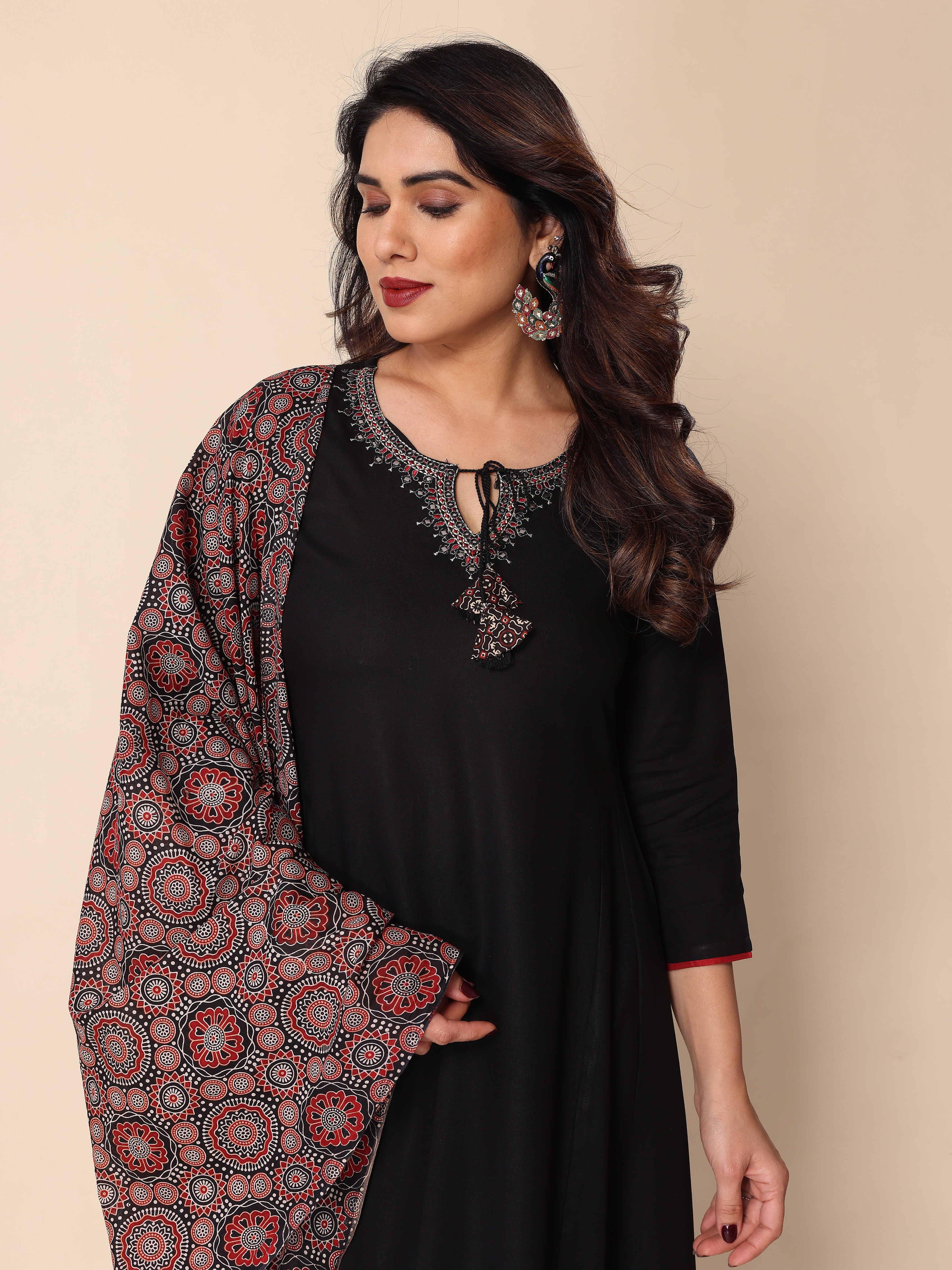 Black Kurta Palazzo Set with Ajrakh Print Dupatta – A Fusion of Tradition and Style