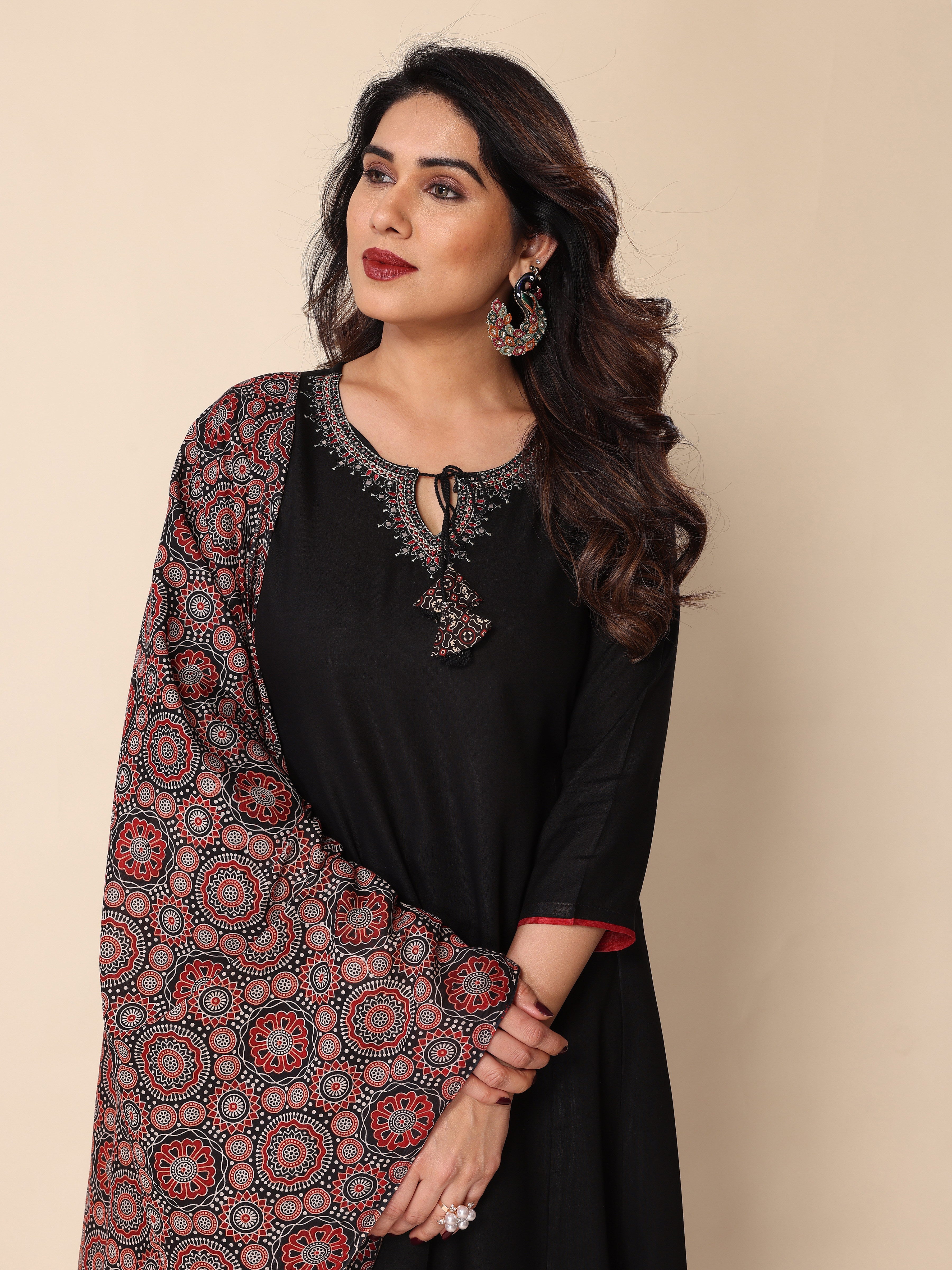 Black Kurta Palazzo Set with Ajrakh Print Dupatta – A Fusion of Tradition and Style