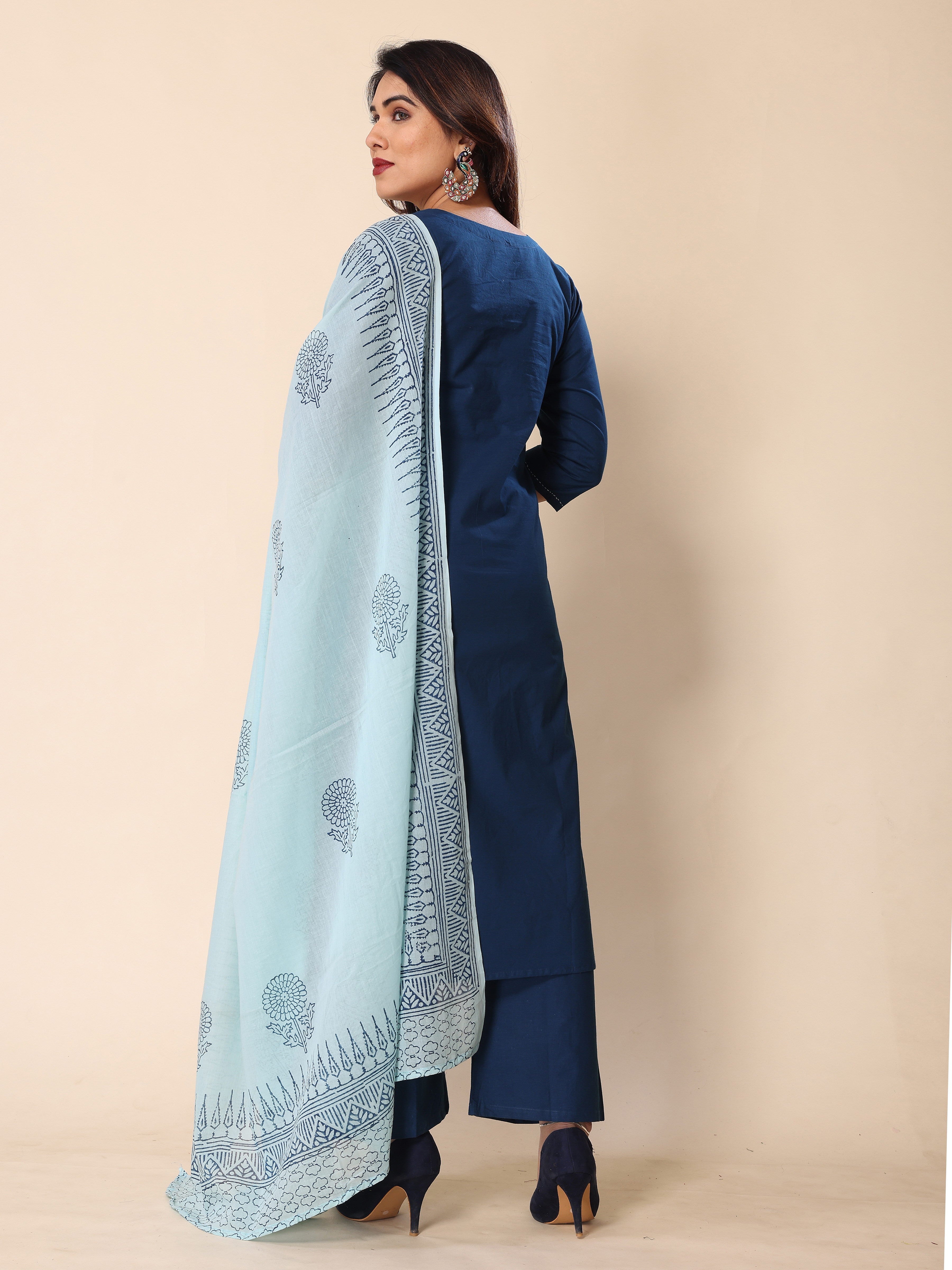 Teal Blue Kantha Work Cotton Kurta Pant Set with Dupatta