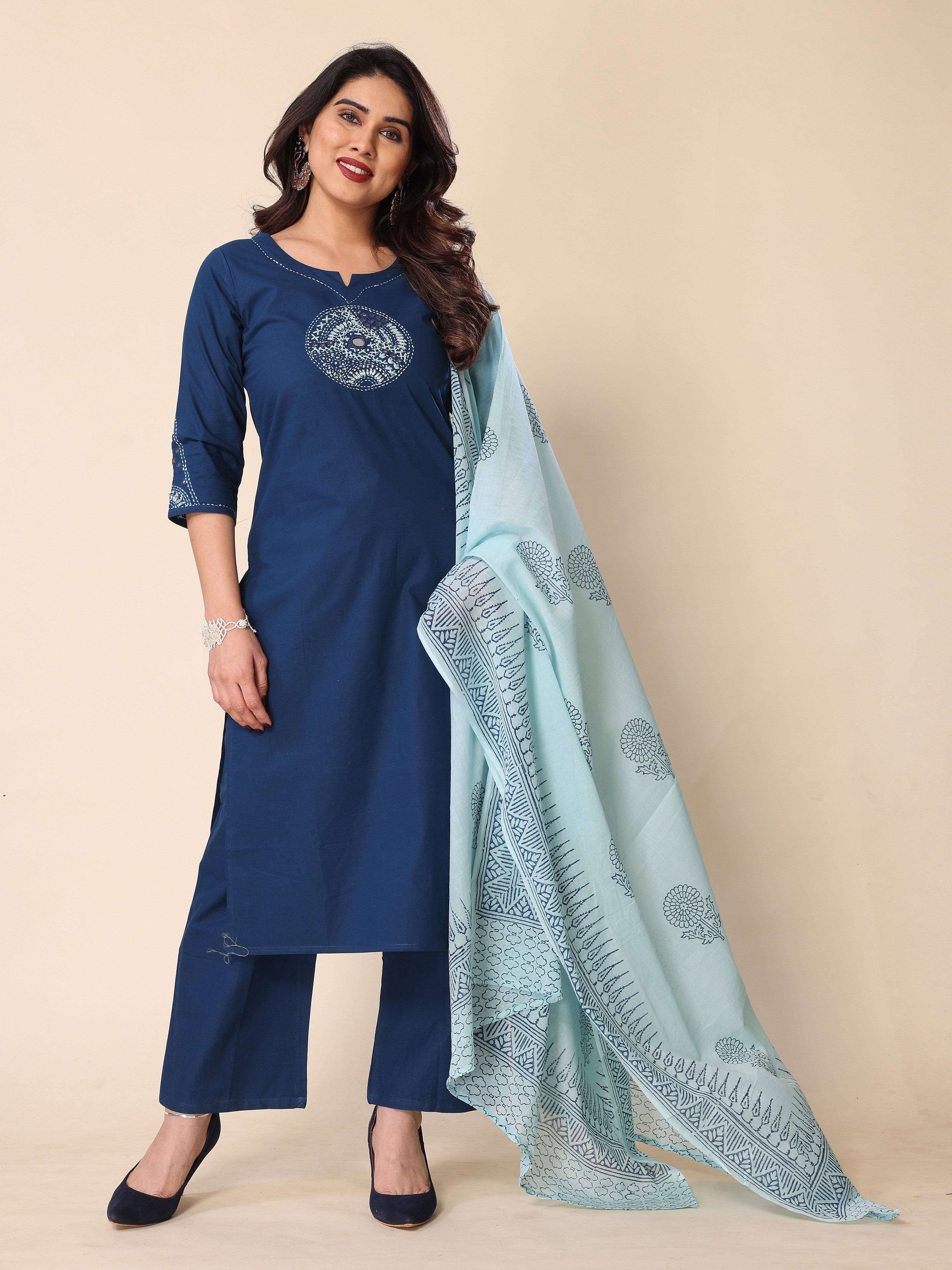 Teal Blue Kantha Work Cotton Kurta Pant Set with Dupatta