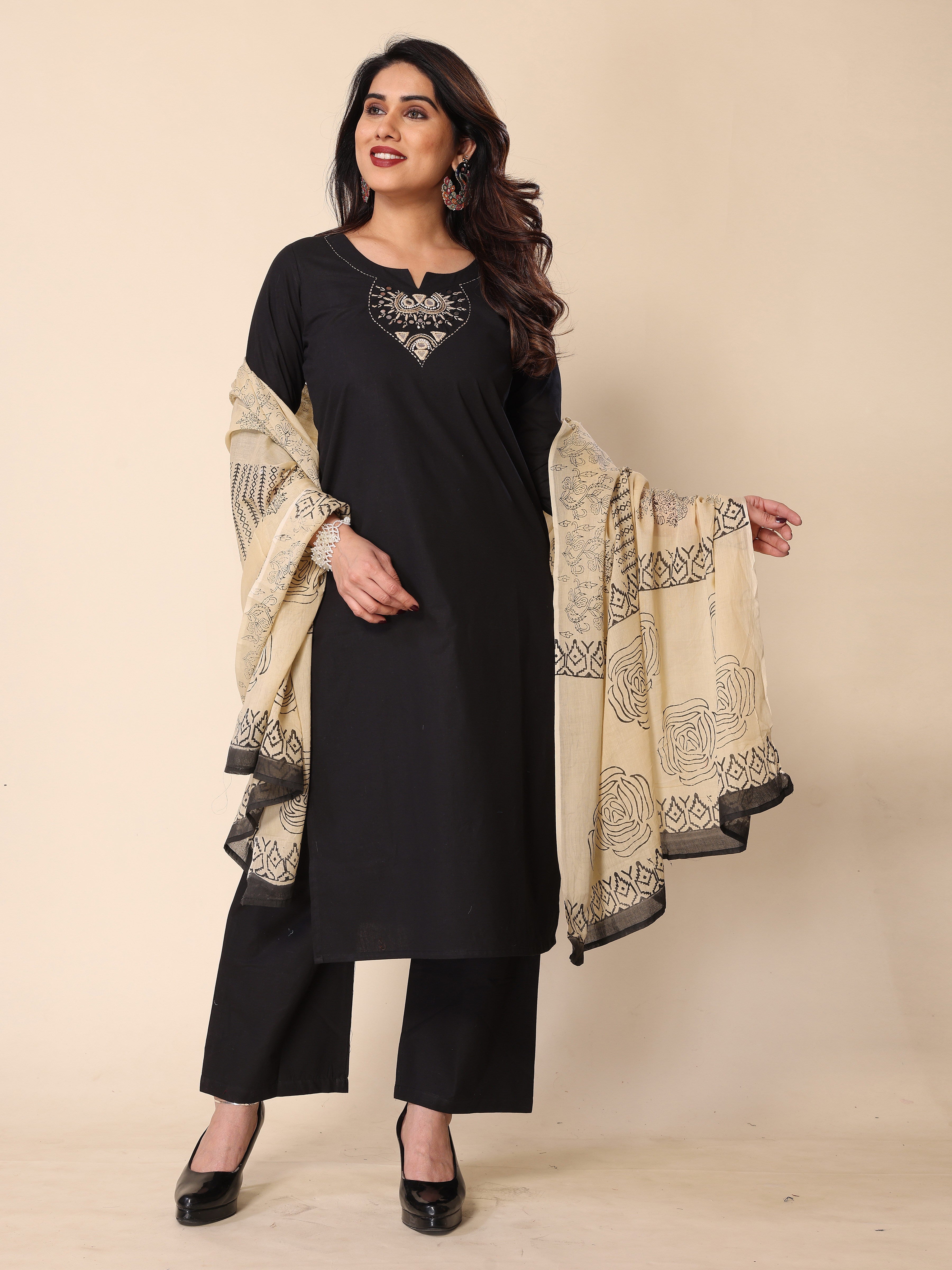 Black Kantha Work Cotton Kurta Pant Set with Dupatta