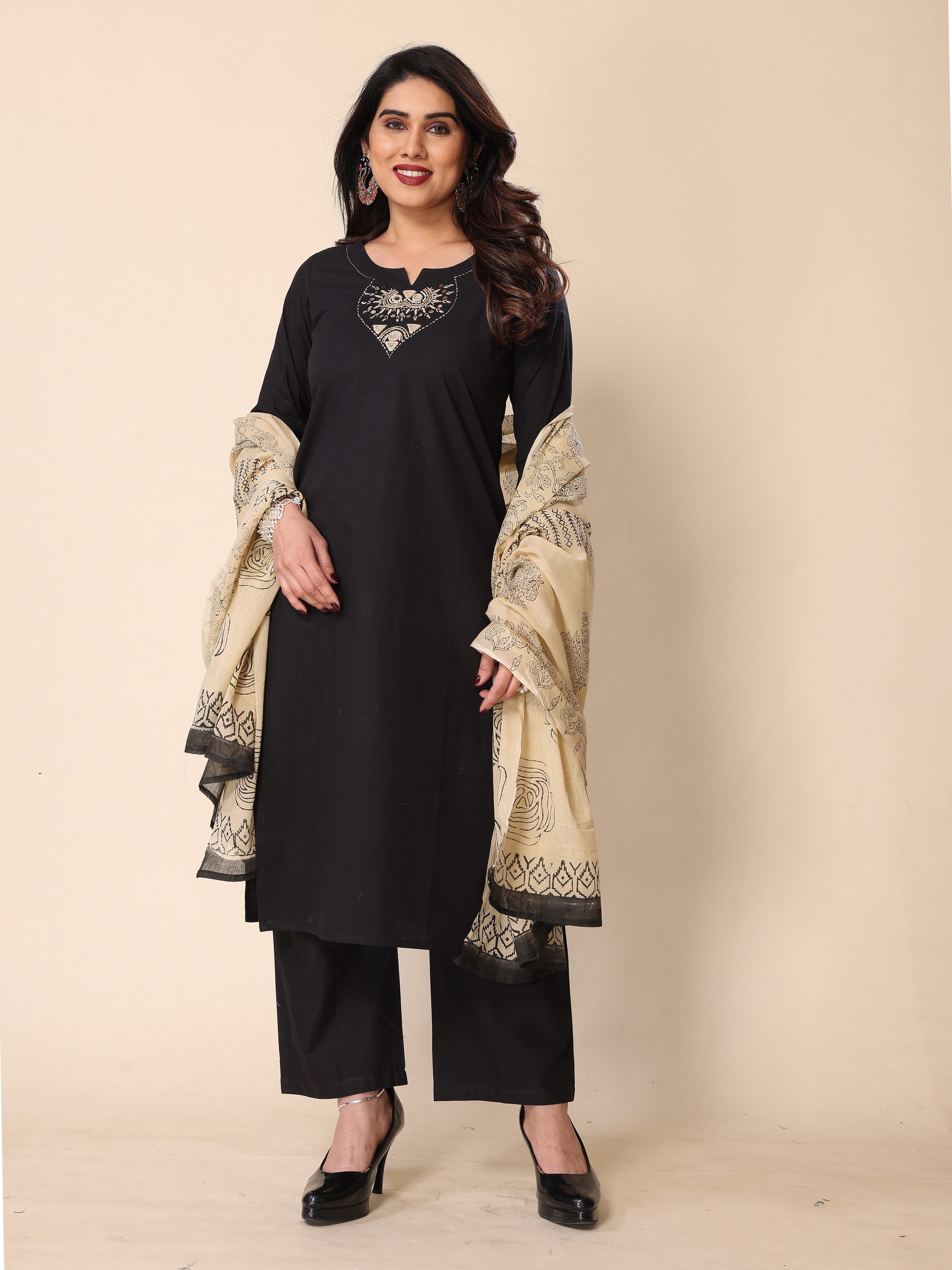 Black Kantha Work Cotton Kurta Pant Set with Dupatta