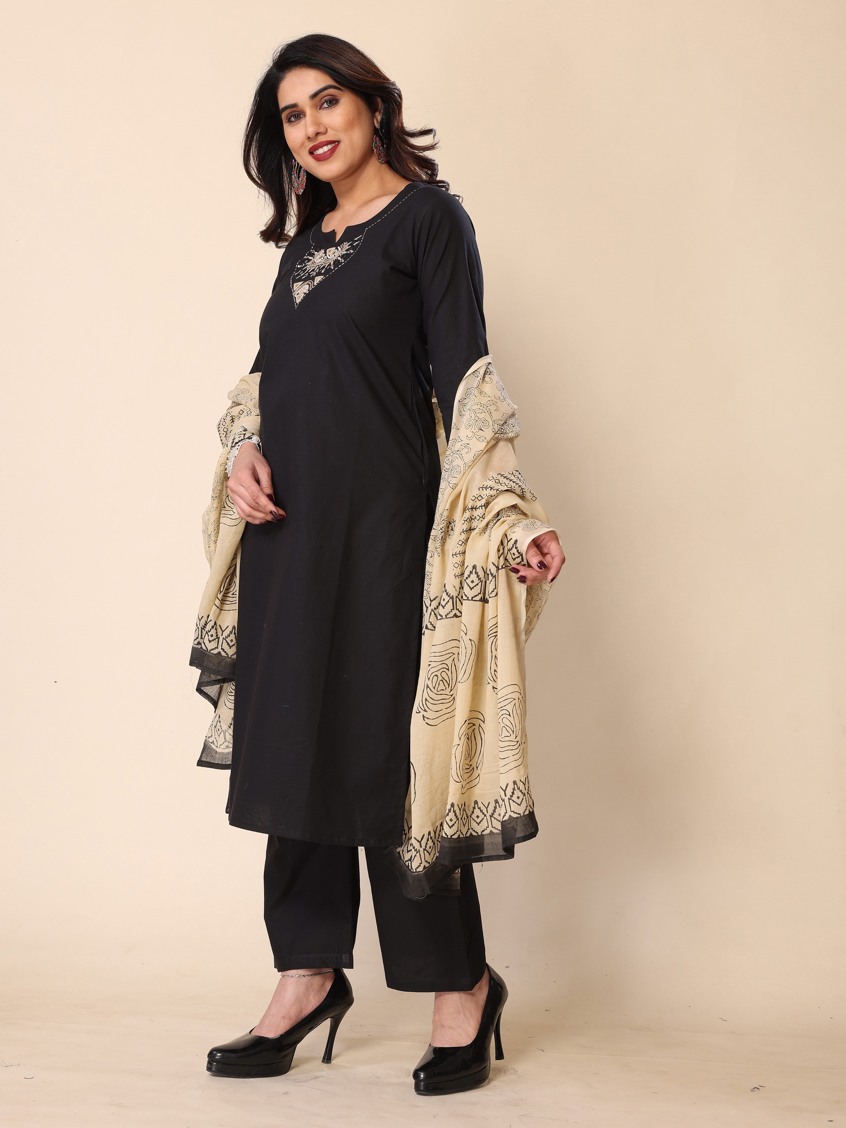 Black Kantha Work Cotton Kurta Pant Set with Dupatta