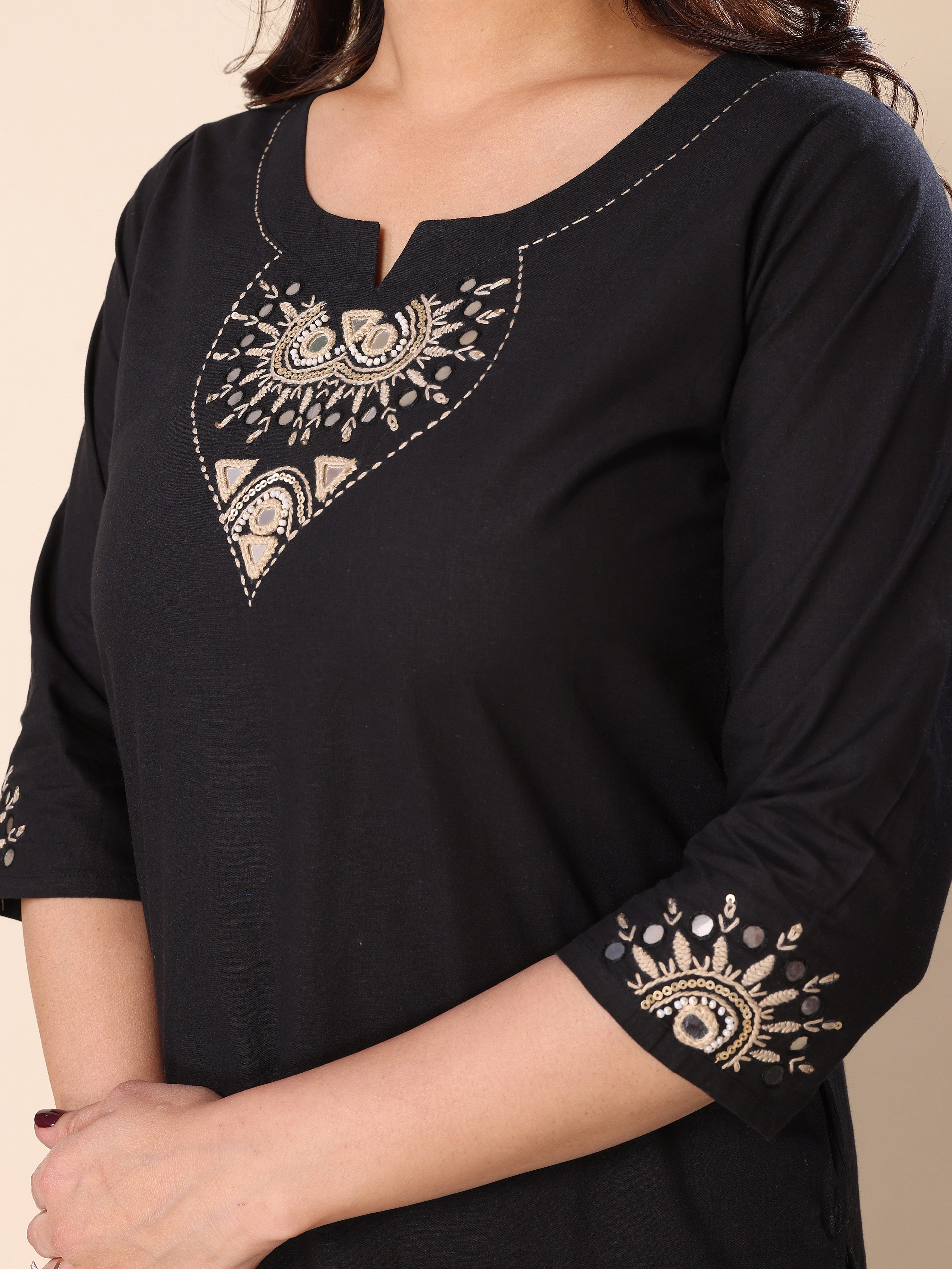 Black Kantha Work Cotton Kurta Pant Set with Dupatta
