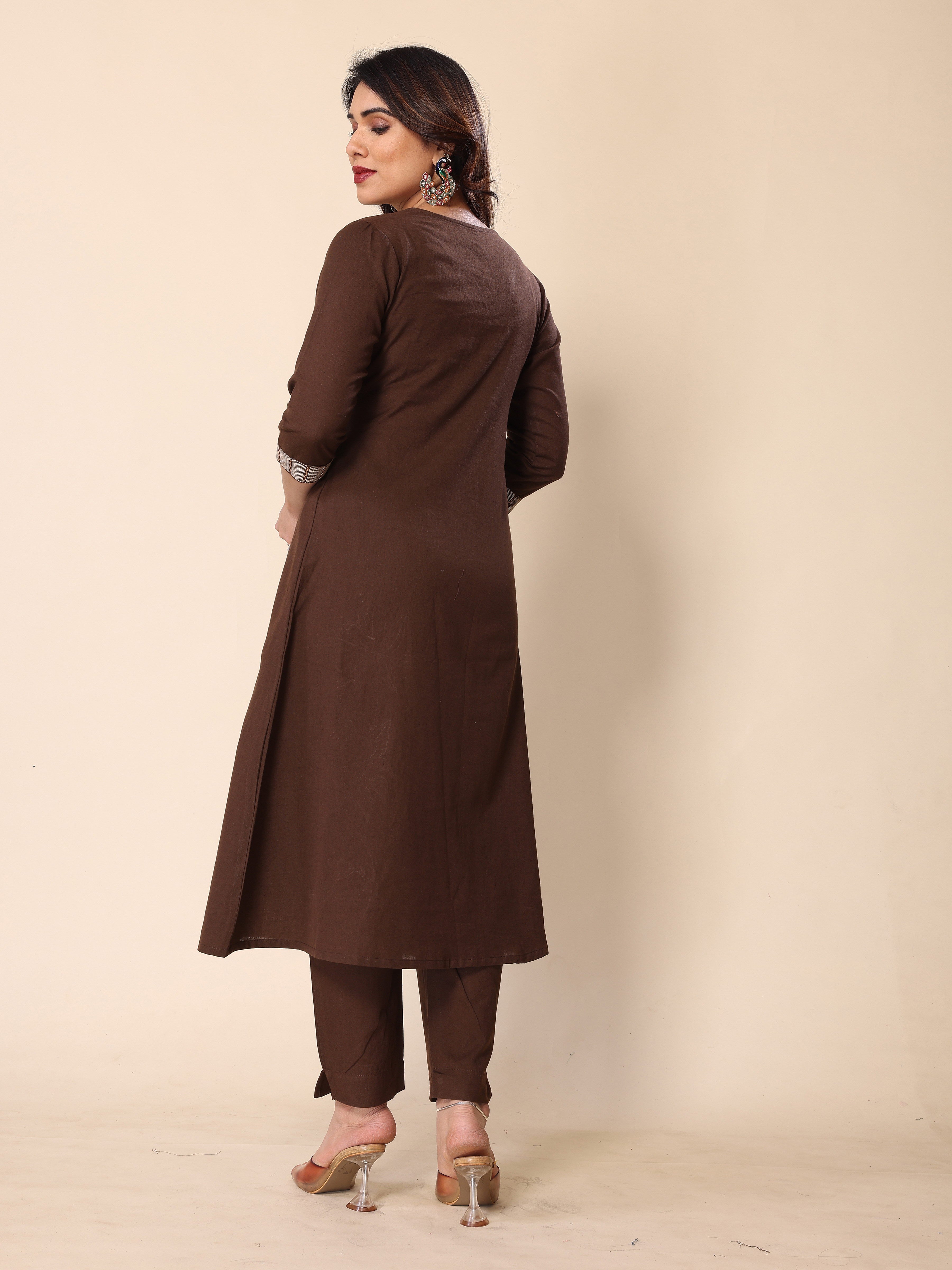 Brown Floral Embroidery A-Line Kurta with Trousers