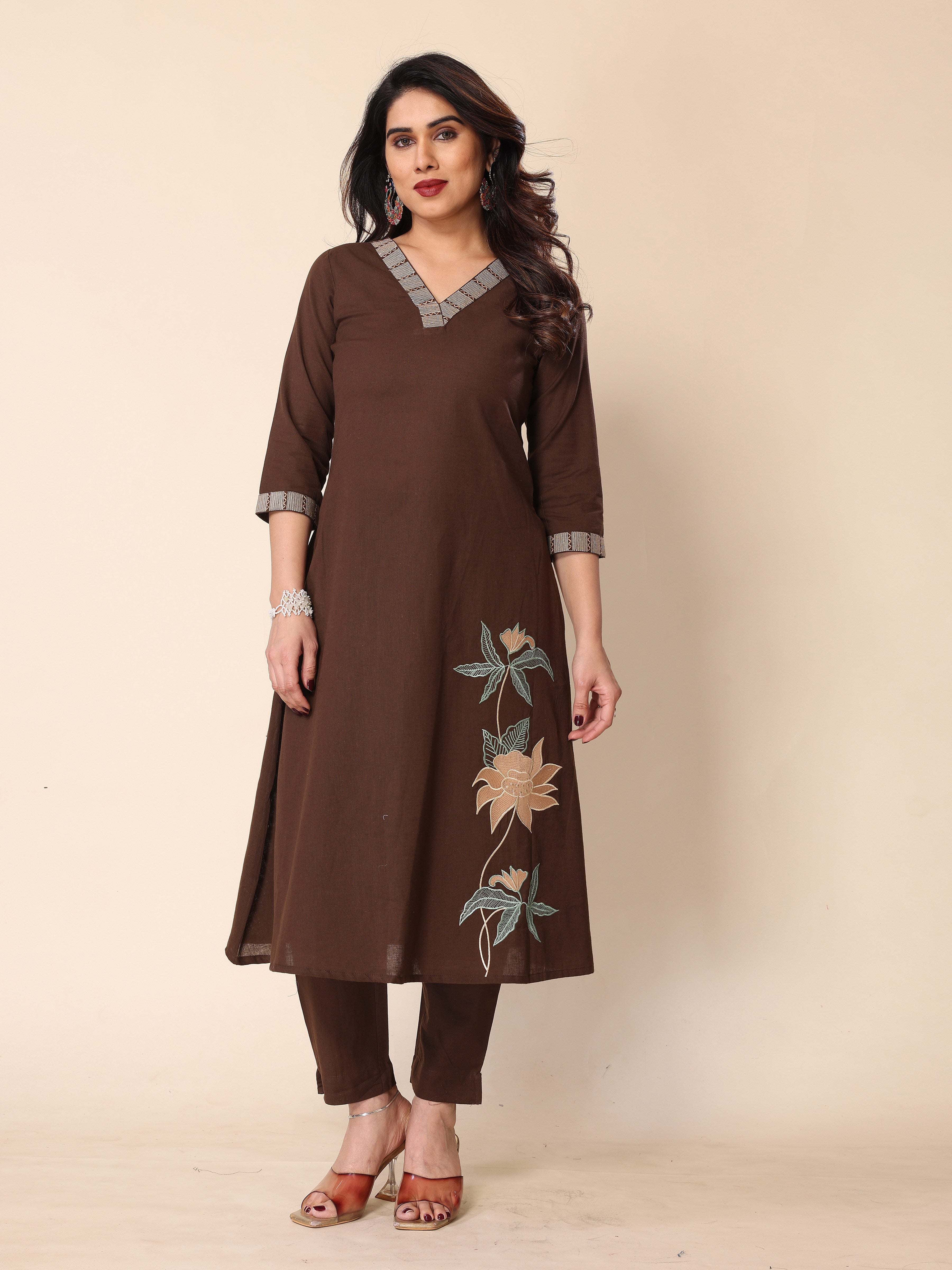 Brown Floral Embroidery A-Line Kurta with Trousers