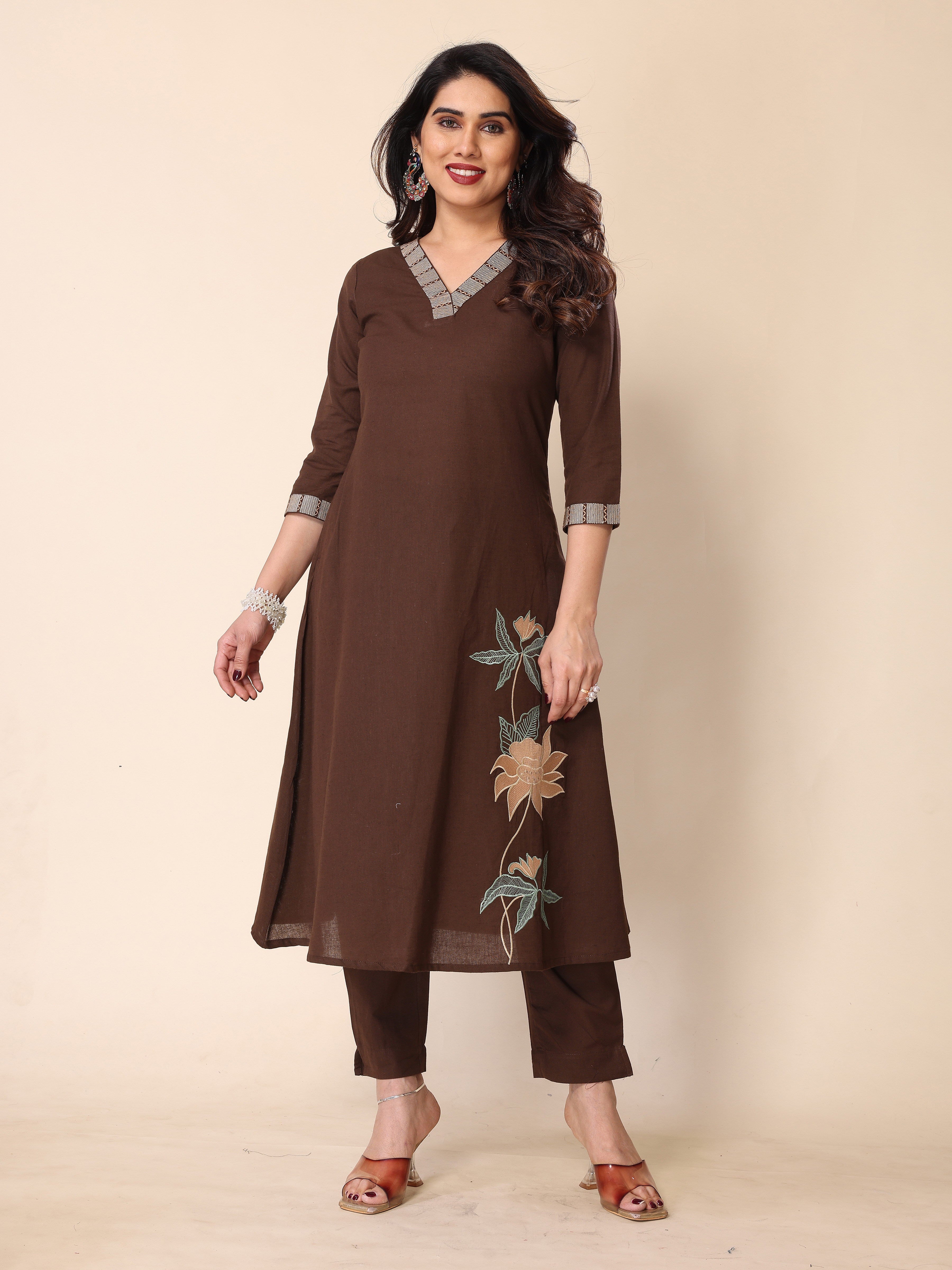 Brown Floral Embroidery A-Line Kurta with Trousers
