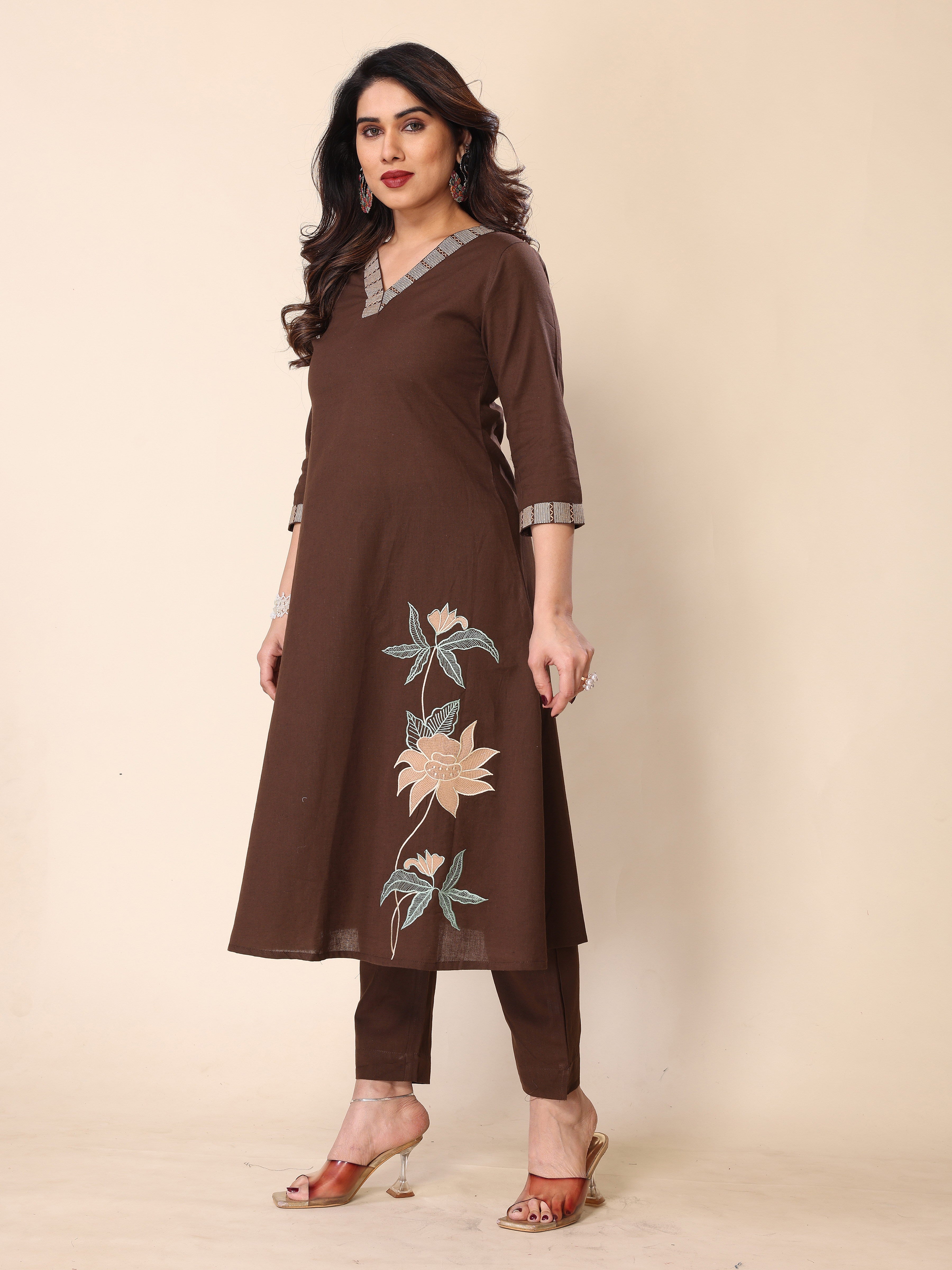 Brown Floral Embroidery A-Line Kurta with Trousers