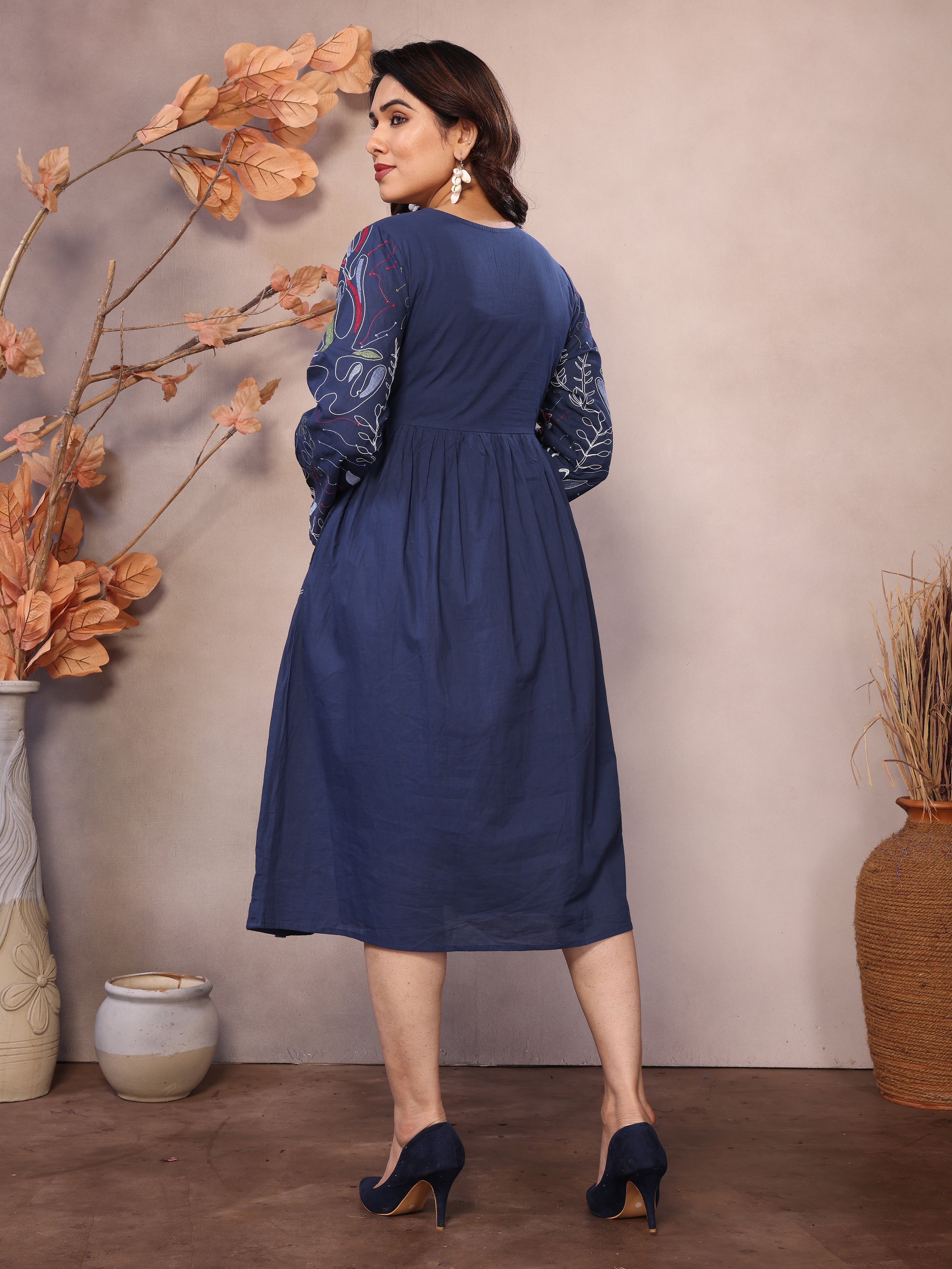 Navy Blue Floral Embroidered Midi Dress