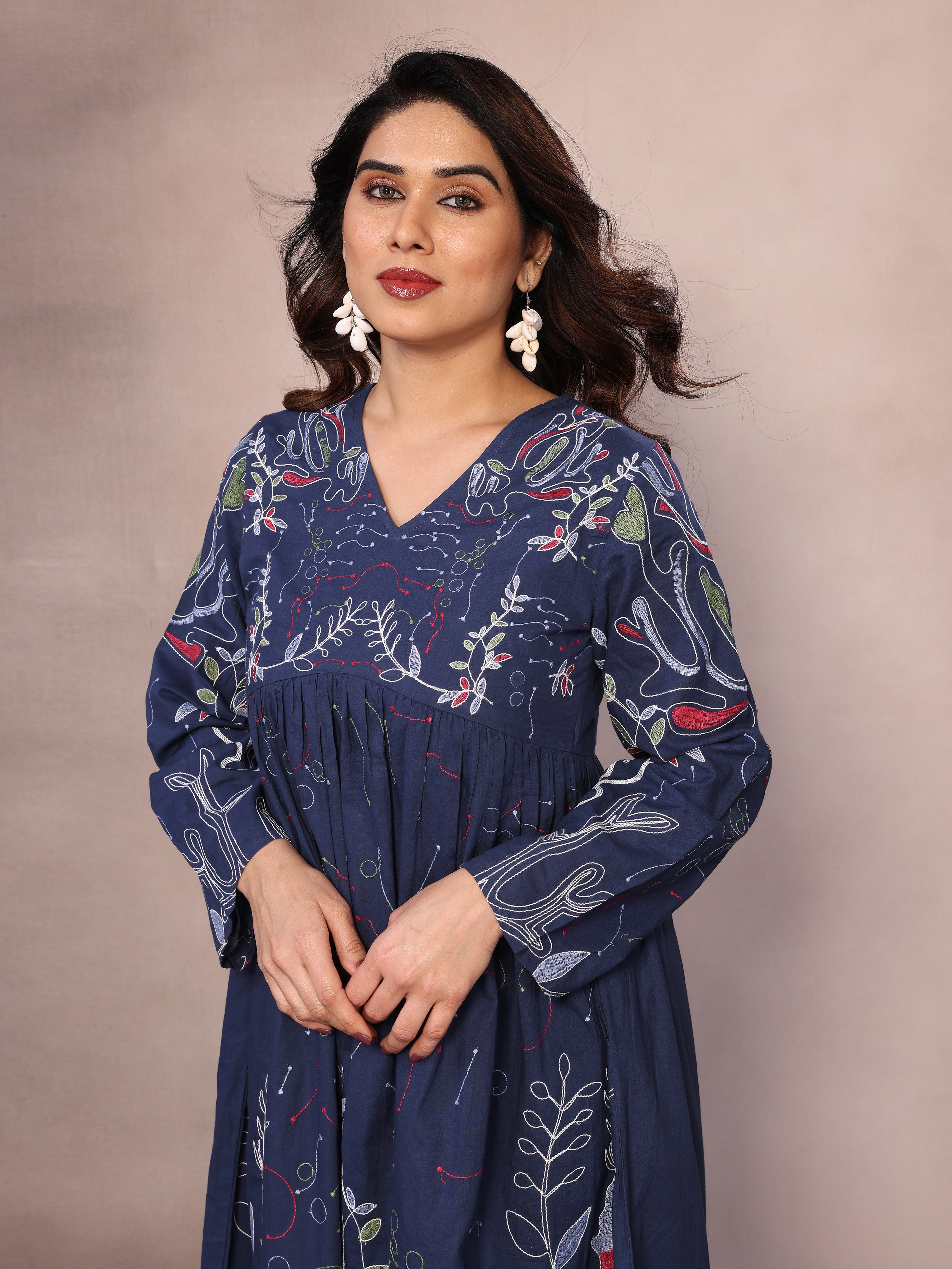Navy Blue Floral Embroidered Midi Dress