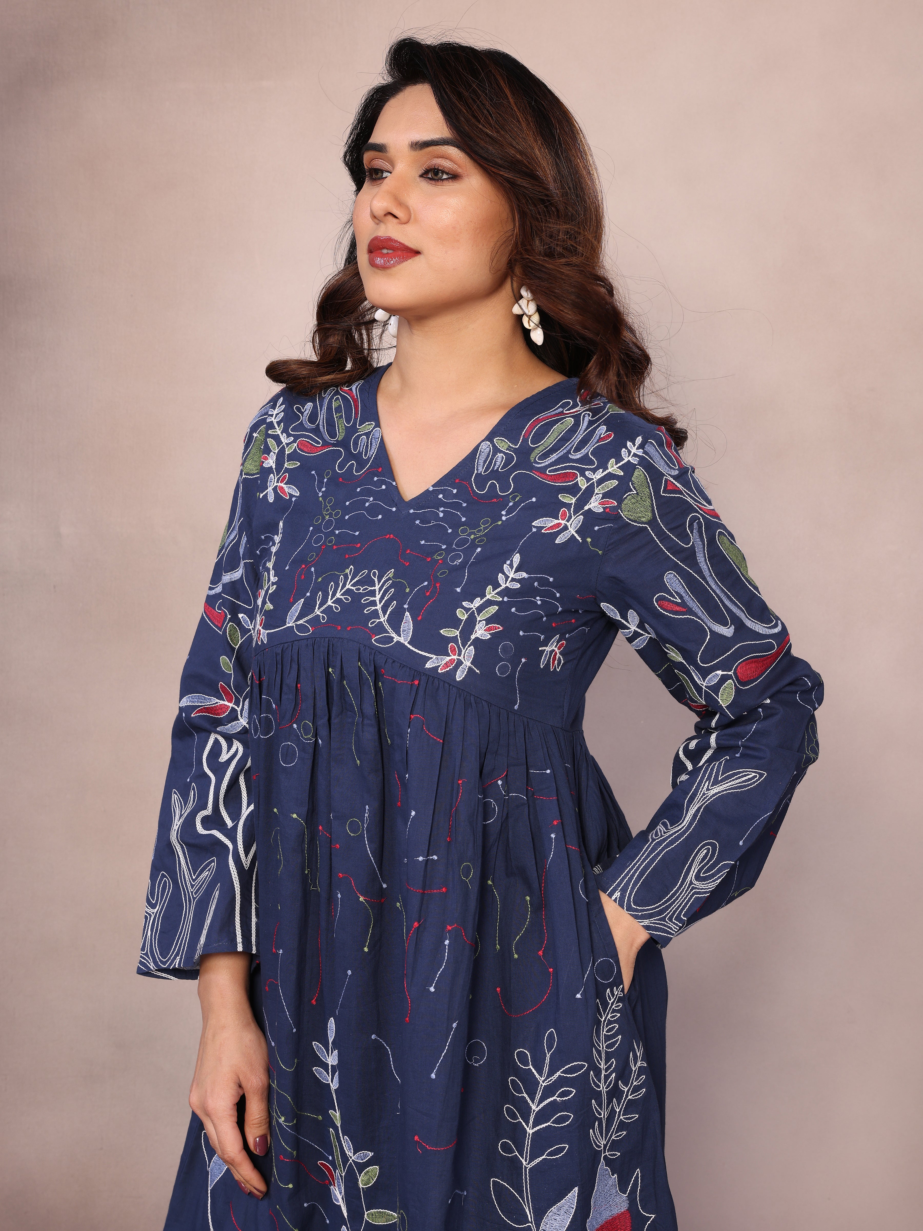 Navy Blue Floral Embroidered Midi Dress