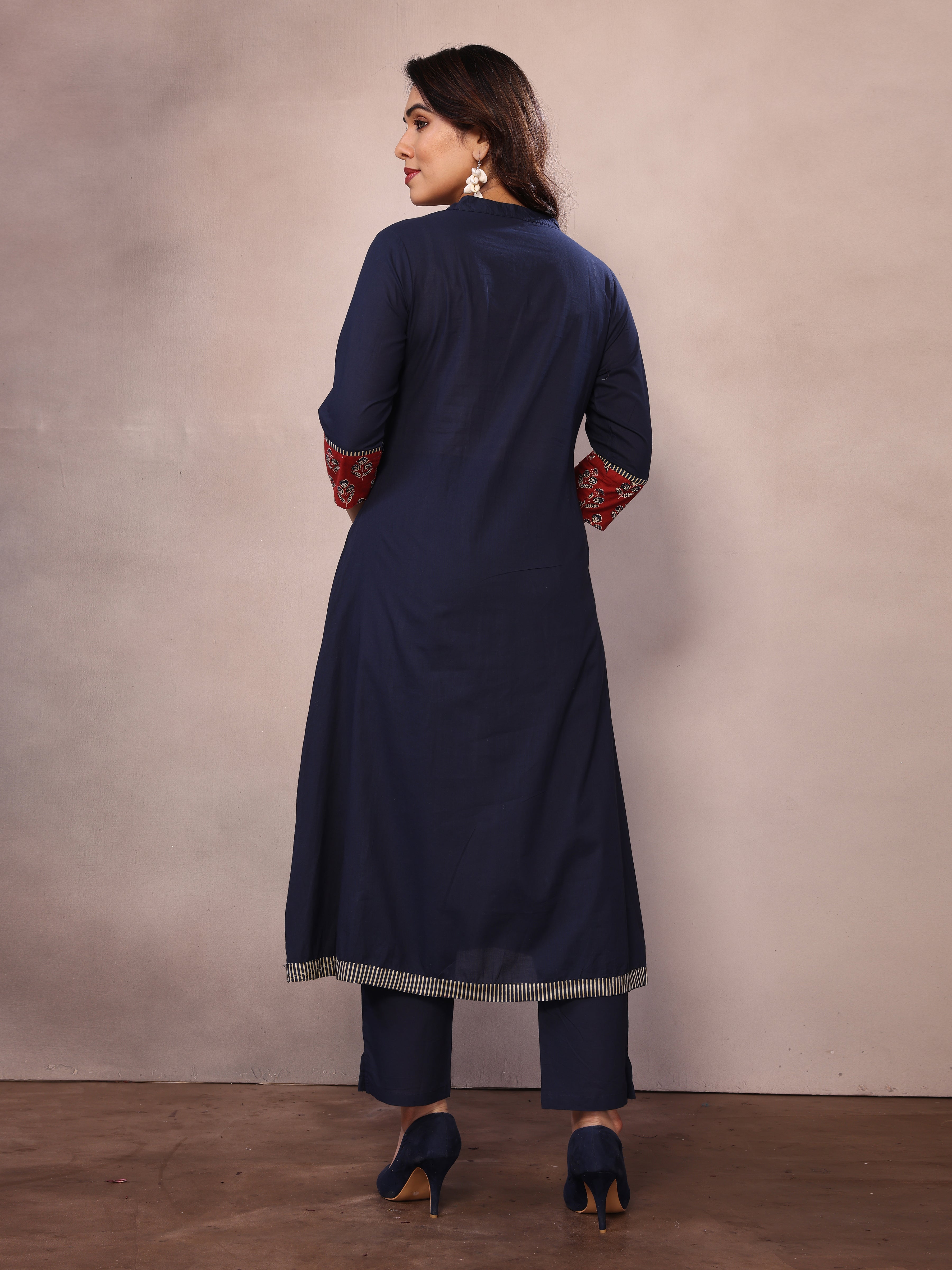 Navy Blue Floral Embroidered Pleated Sequinned Cotton A-Line Kurta With Trousers