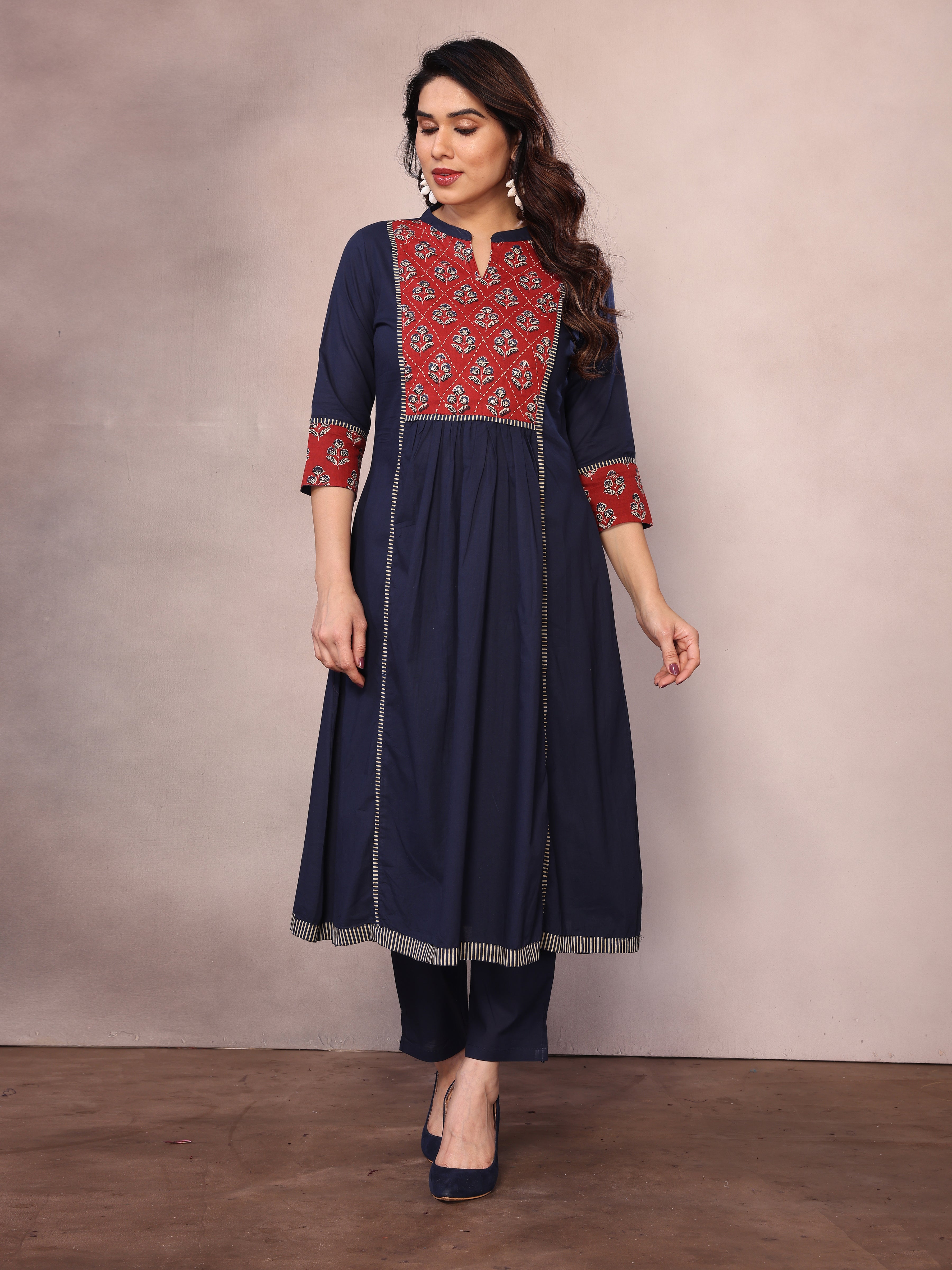 Navy Blue Floral Embroidered Pleated Sequinned Cotton A-Line Kurta With Trousers