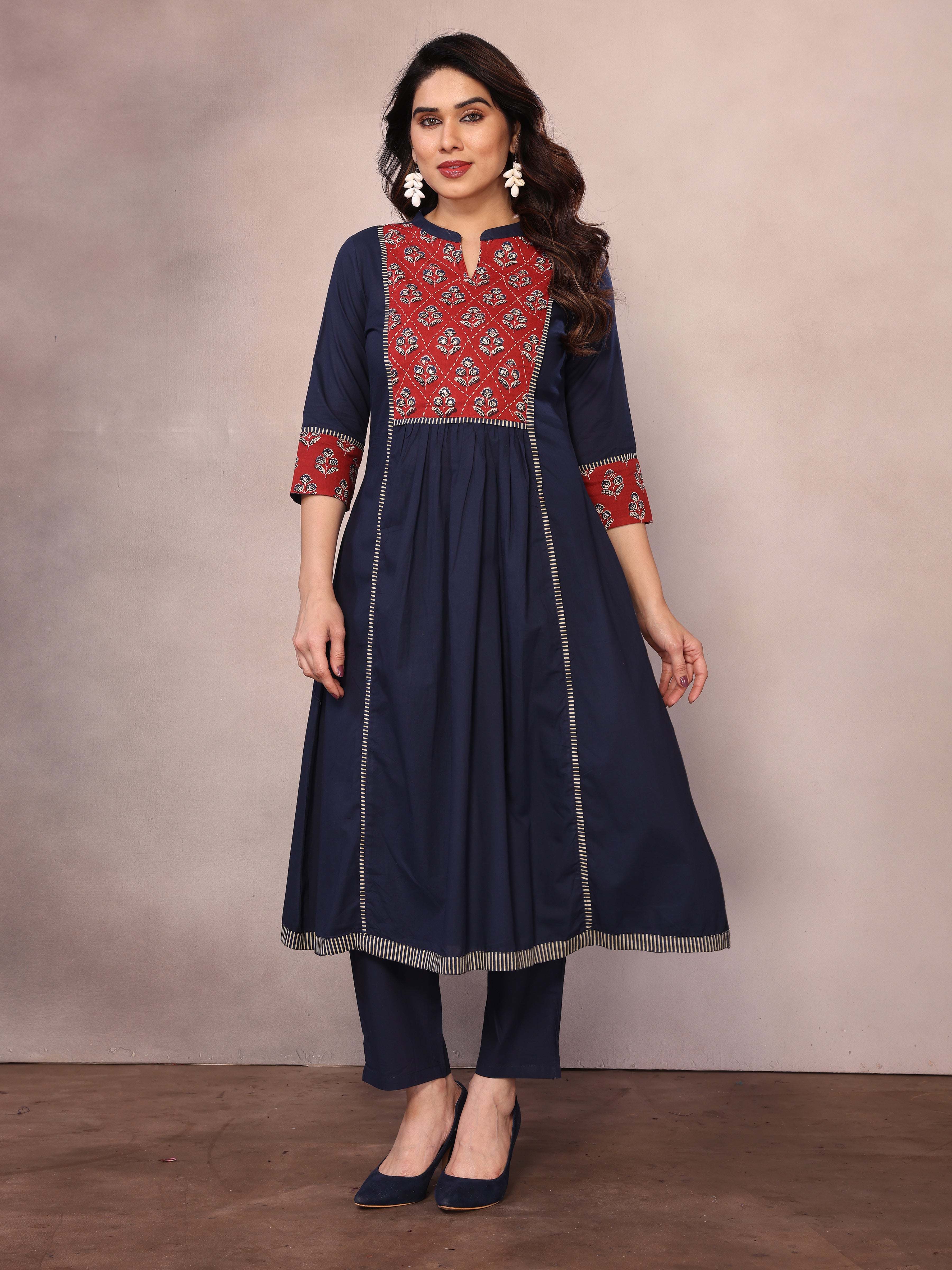 Navy Blue Floral Embroidered Pleated Sequinned Cotton A-Line Kurta With Trousers