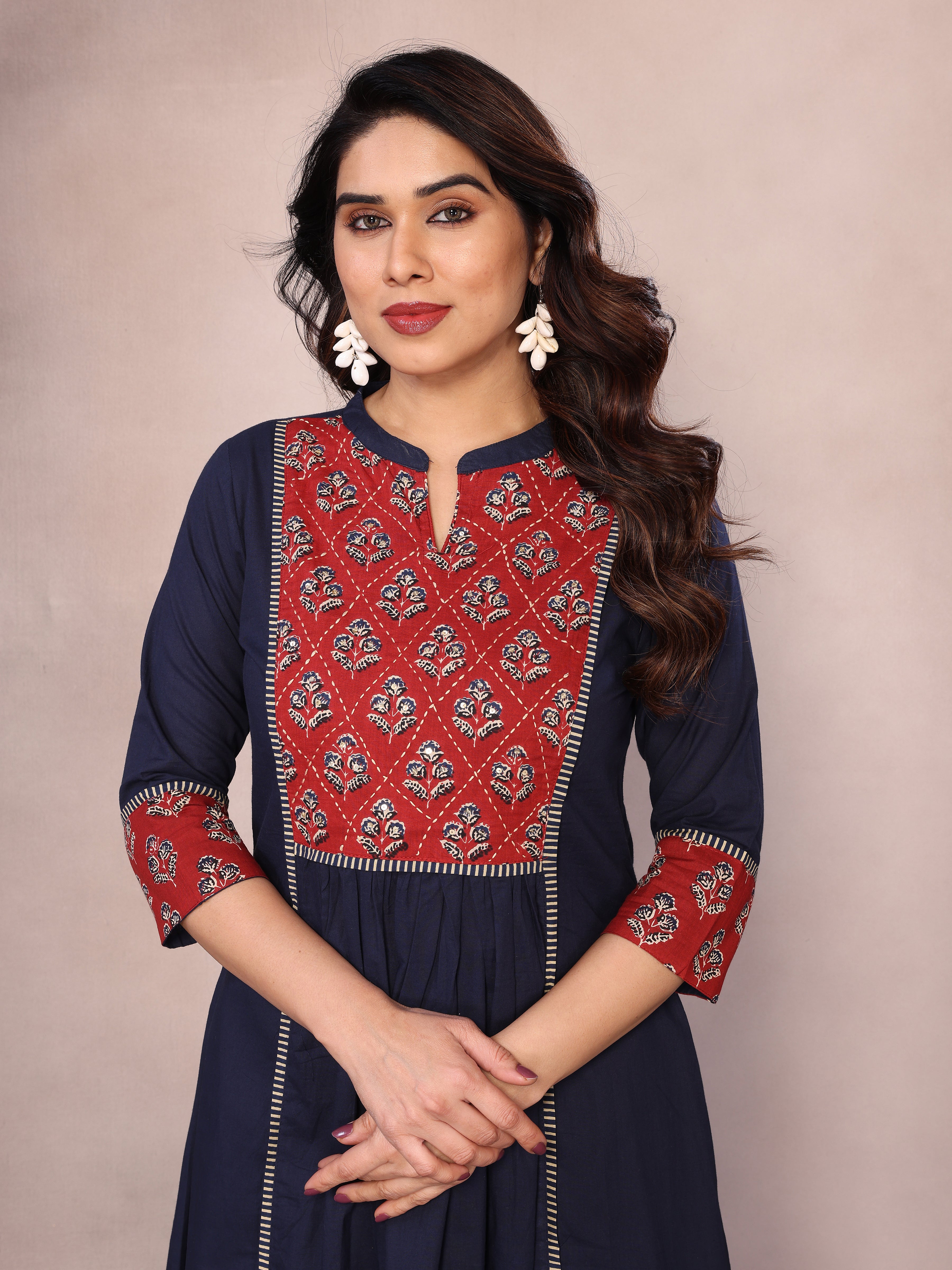 Navy Blue Floral Embroidered Pleated Sequinned Cotton A-Line Kurta With Trousers