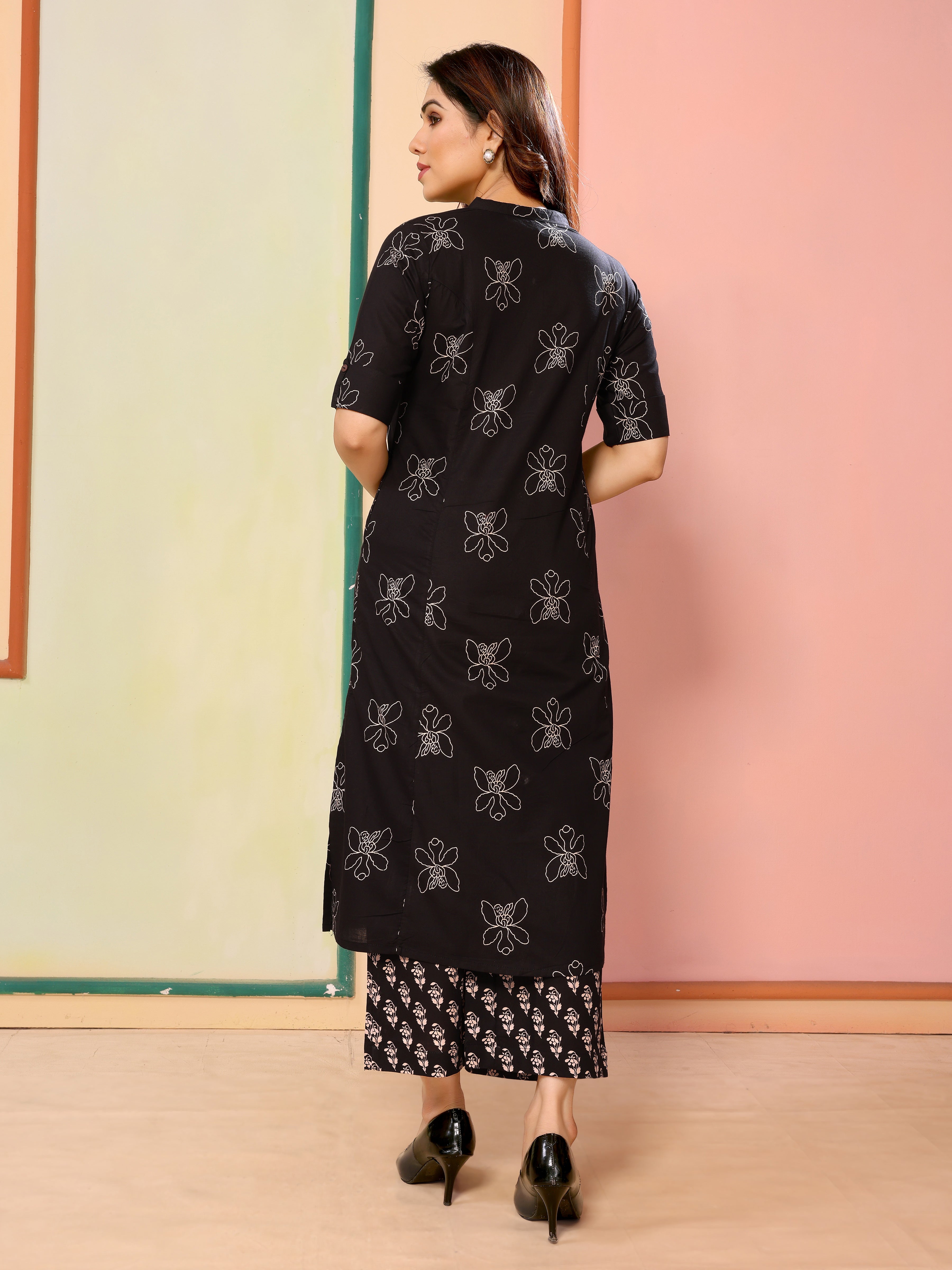 Black Floral Print Half Sleeves Cotton Kurta with Palazzo
