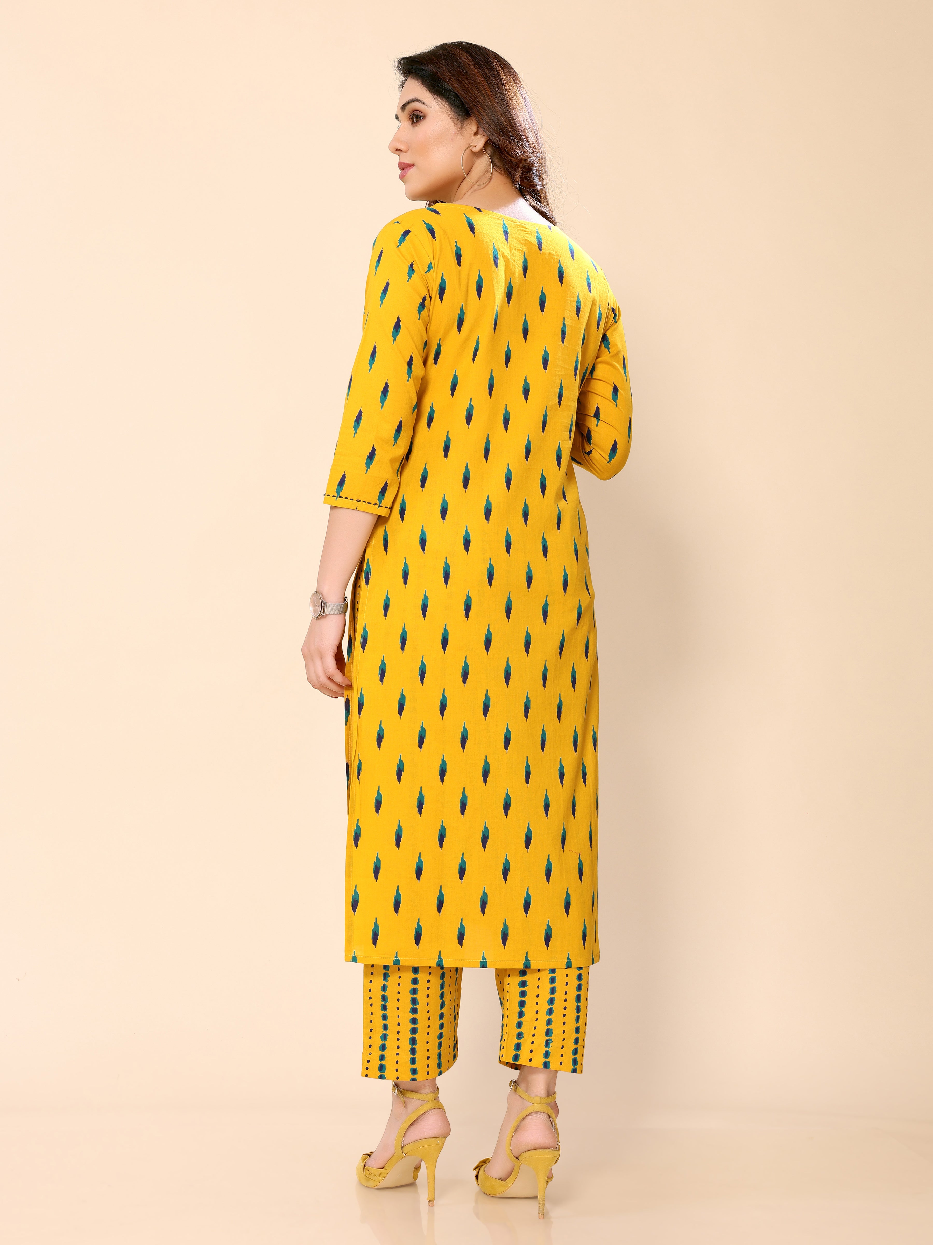 Mustard Printed Cotton Kurta with Trouser Pant