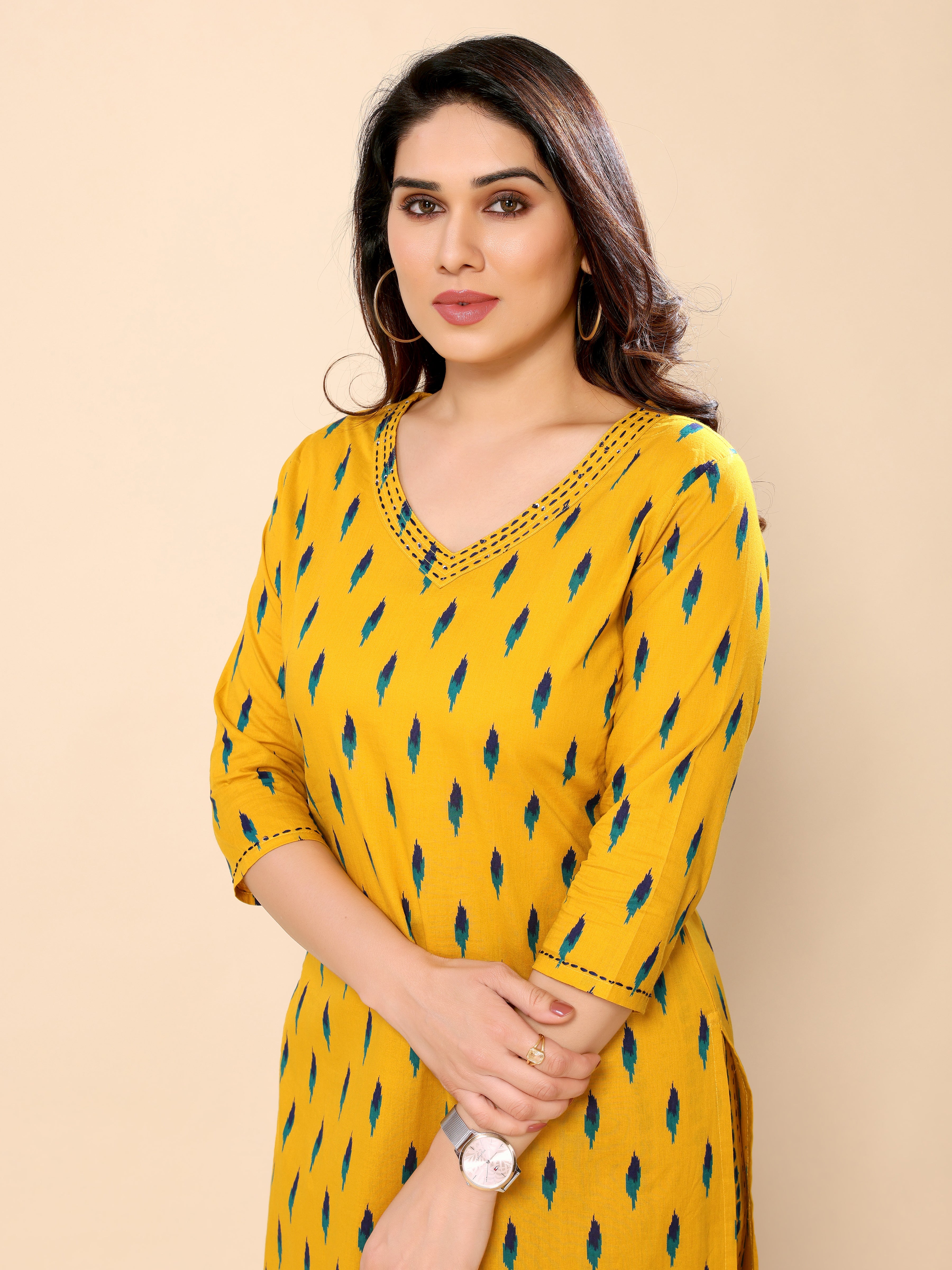 Mustard Printed Cotton Kurta with Trouser Pant
