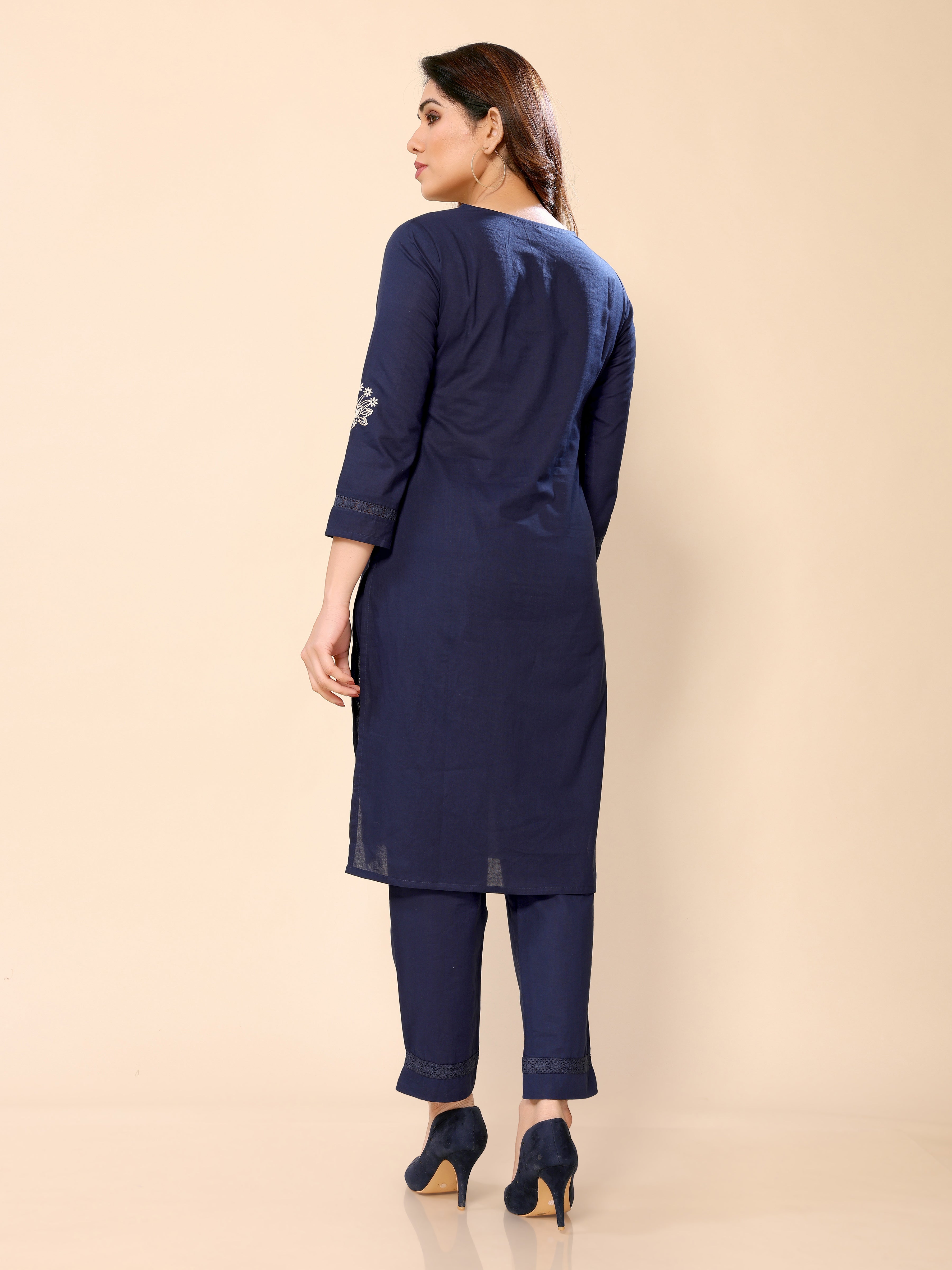 Navy Blue Embroidered Cotton Kurta with Three-Quarter Sleeves and Matching Pants