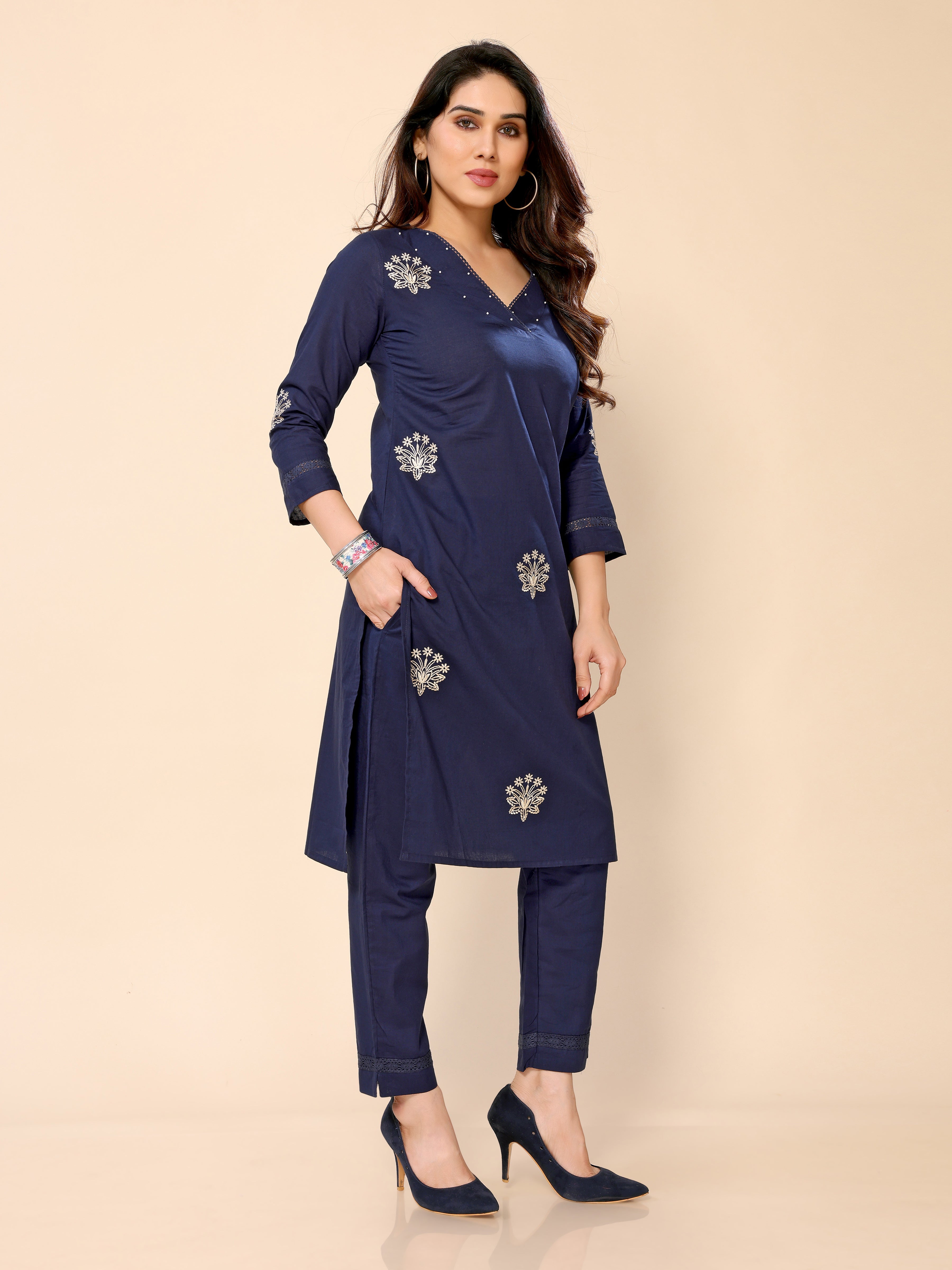 Navy Blue Embroidered Cotton Kurta with Three-Quarter Sleeves and Matching Pants