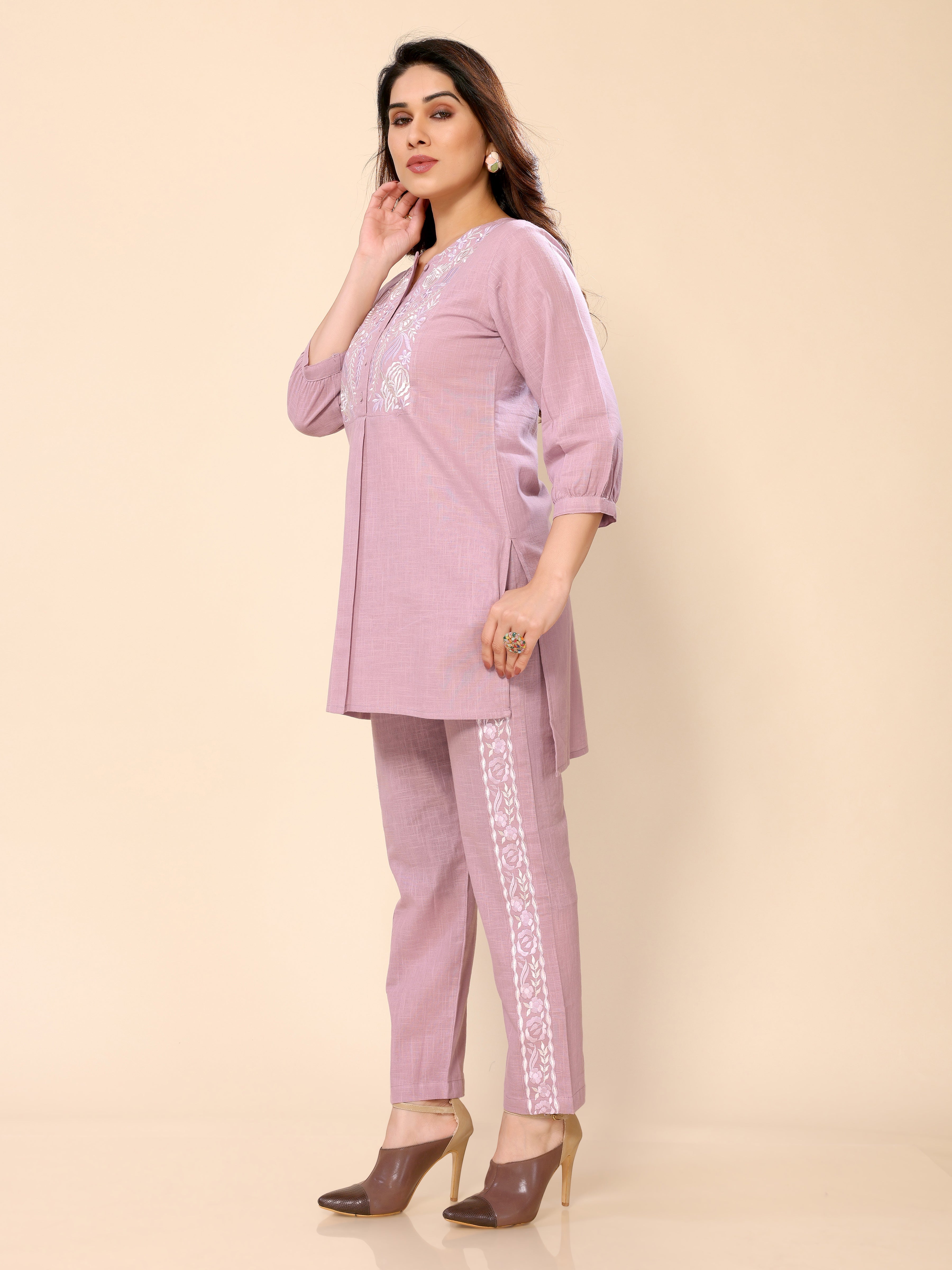Pink Neck Yoke Embroidery Cotton Co-ords Set