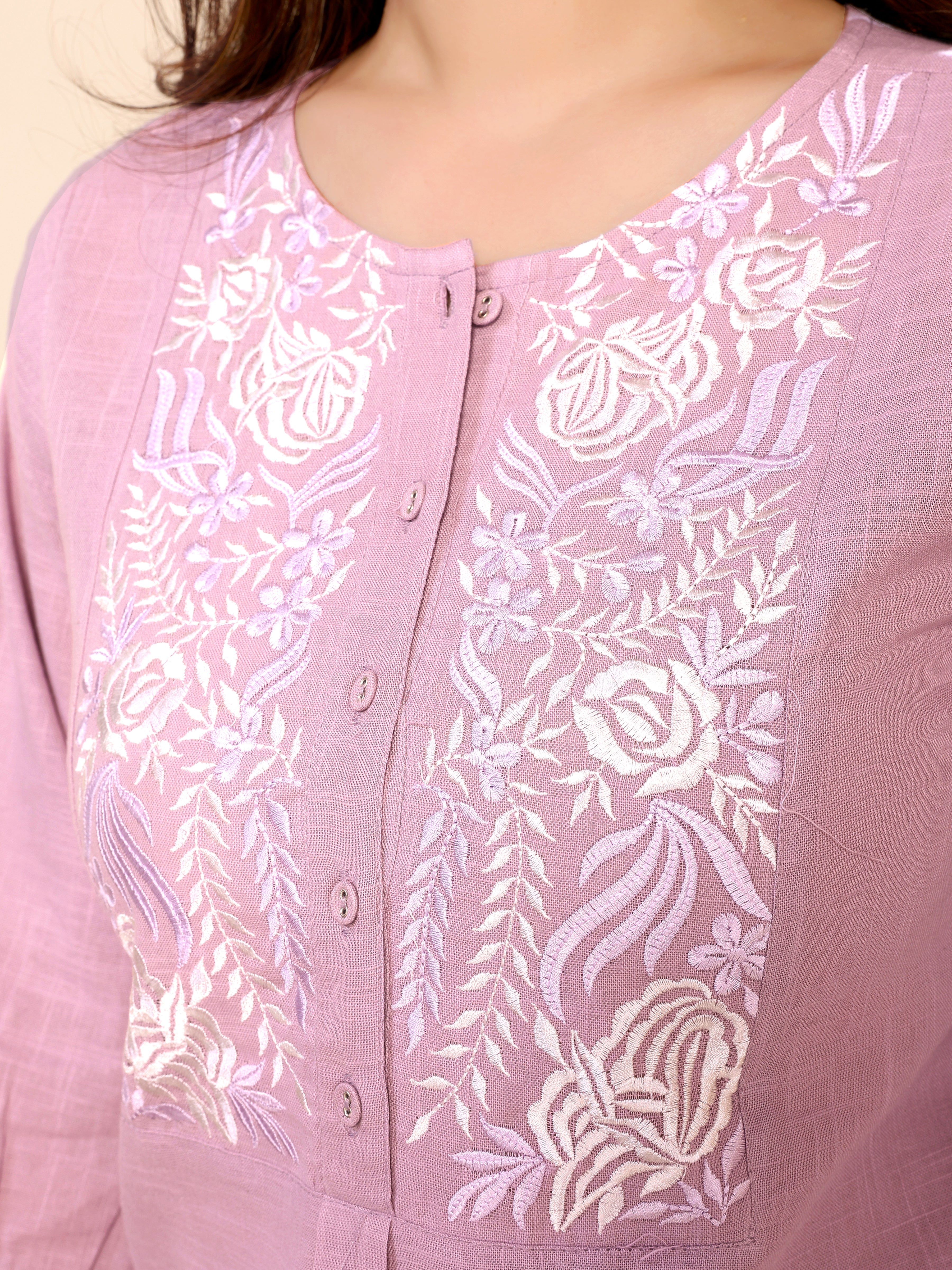 Pink Neck Yoke Embroidery Cotton Co-ords Set