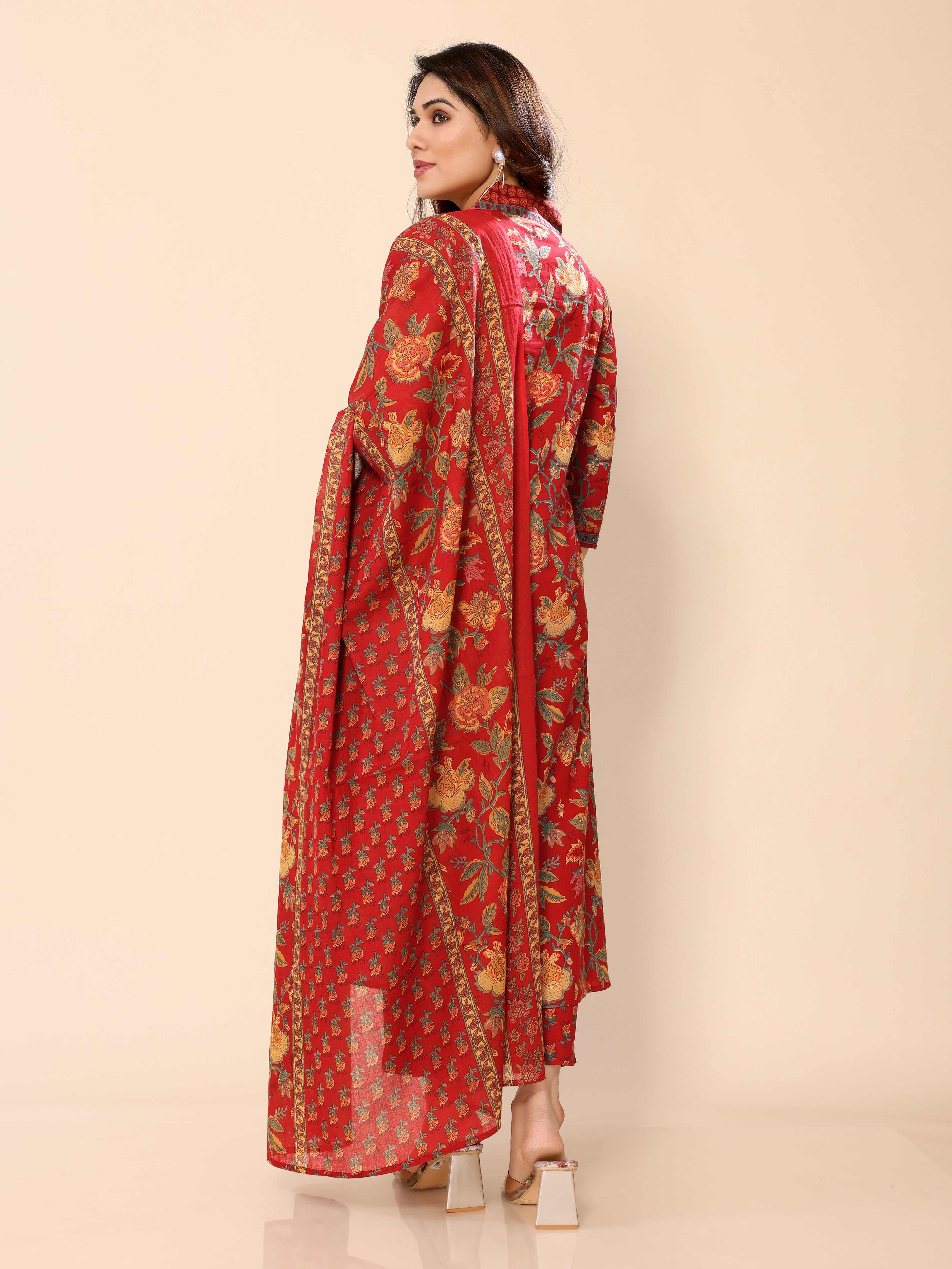 Red Floral Print V-Neck Flared Kurta with Palazzos & Dupatta