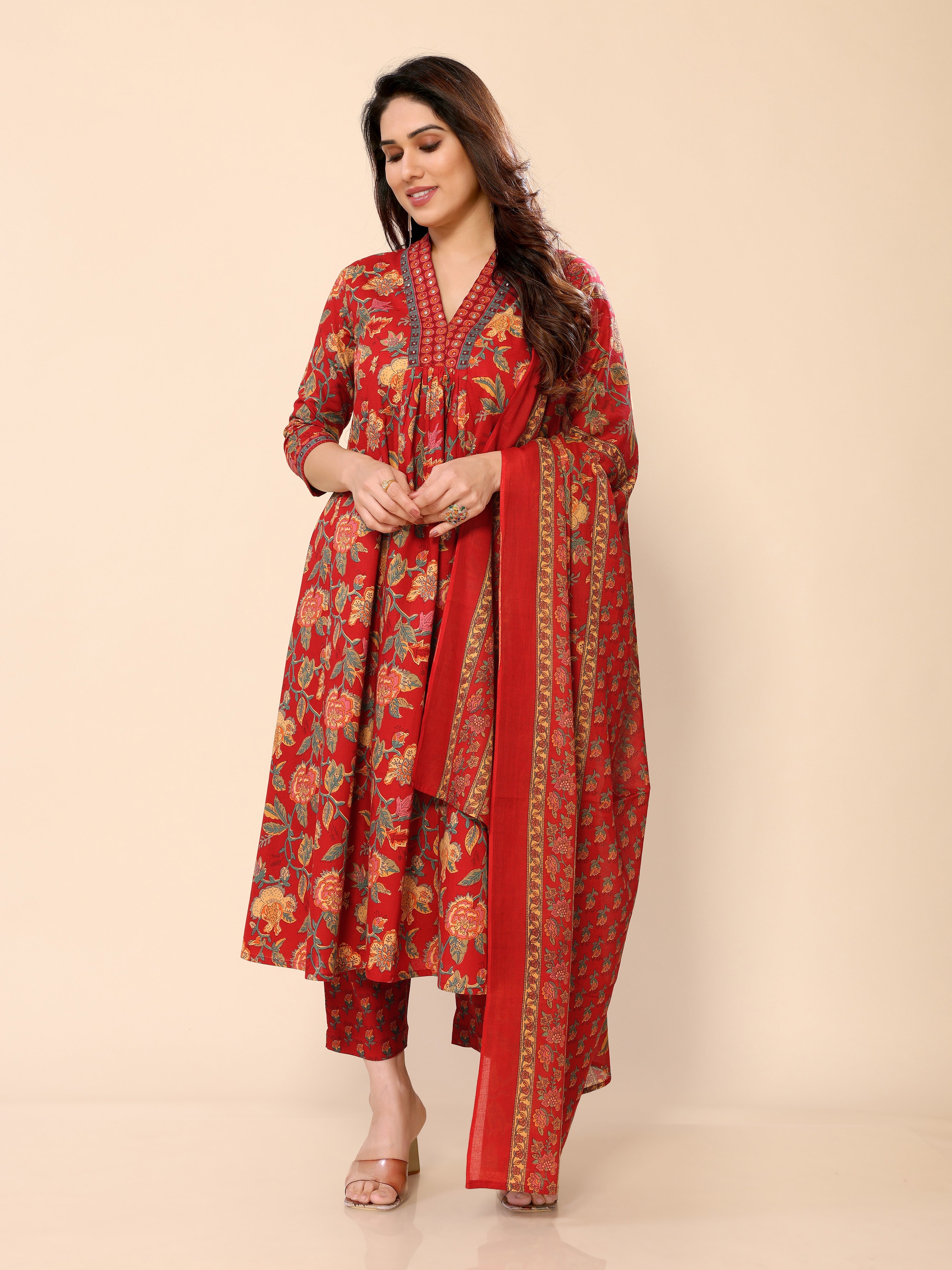 Red Floral Print V-Neck Flared Kurta with Palazzos & Dupatta