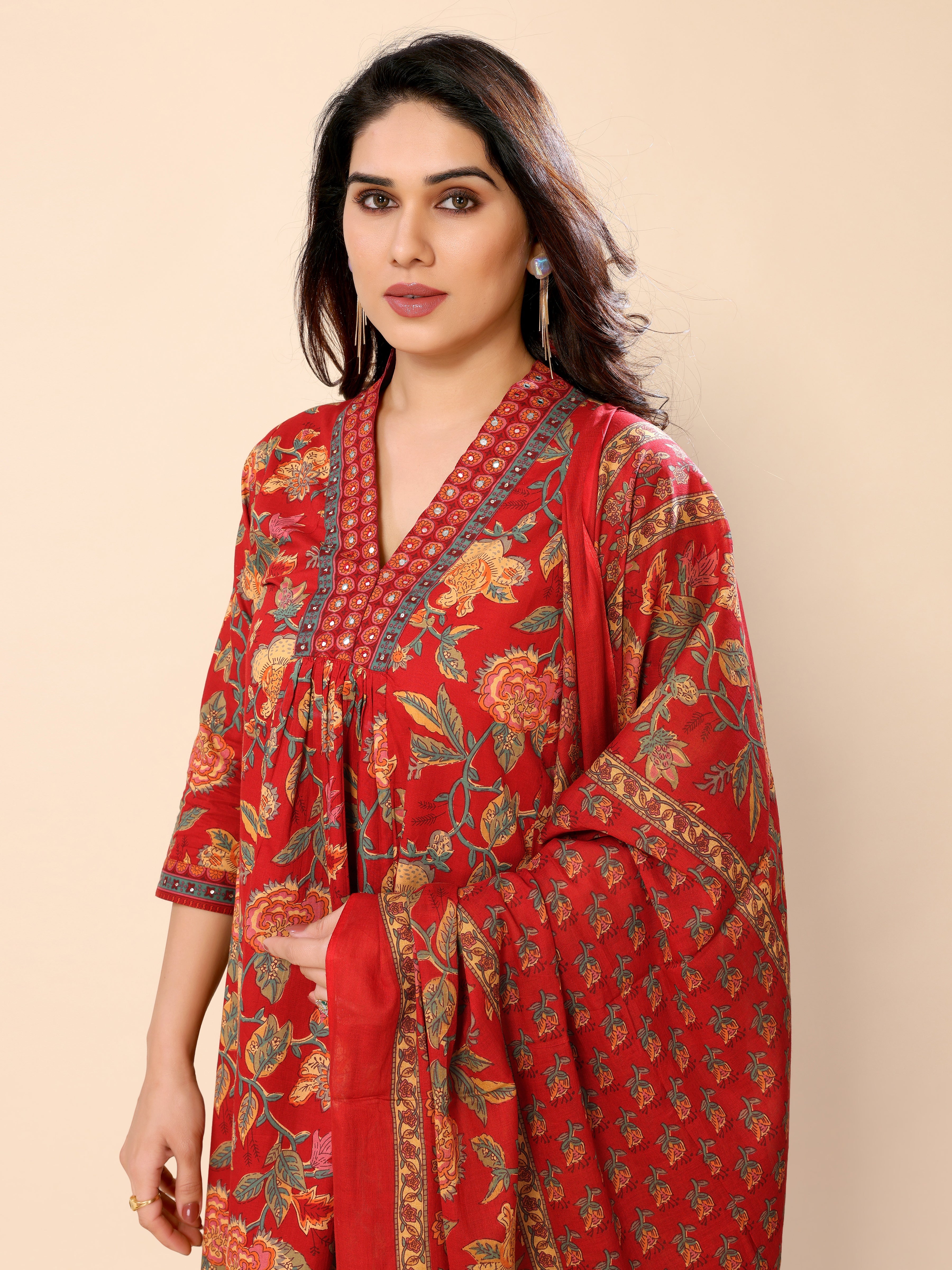 Red Floral Print V-Neck Flared Kurta with Palazzos & Dupatta