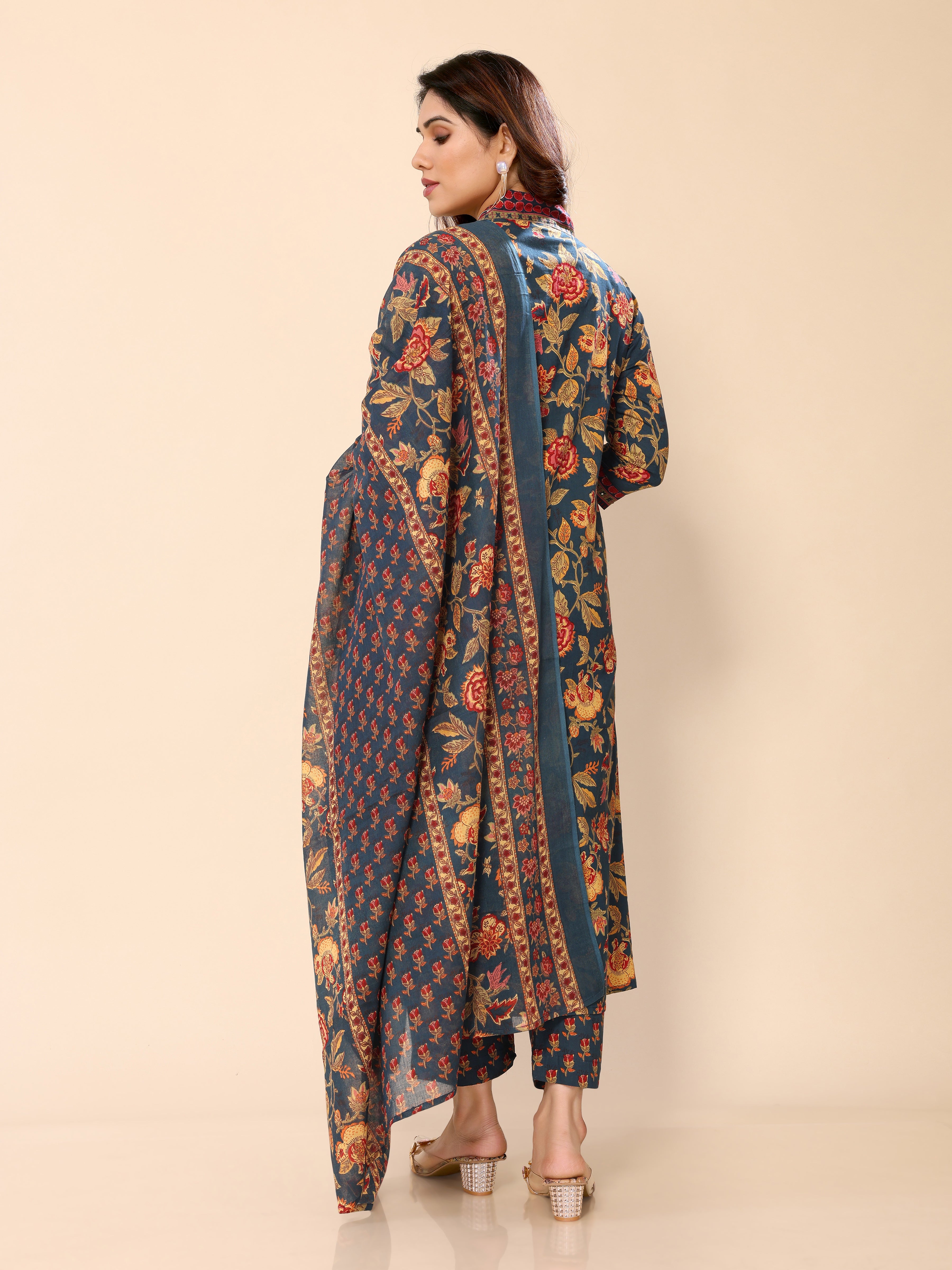 Teal Blue Cotton Floral Printed Kurta Pant & Dupatta Set