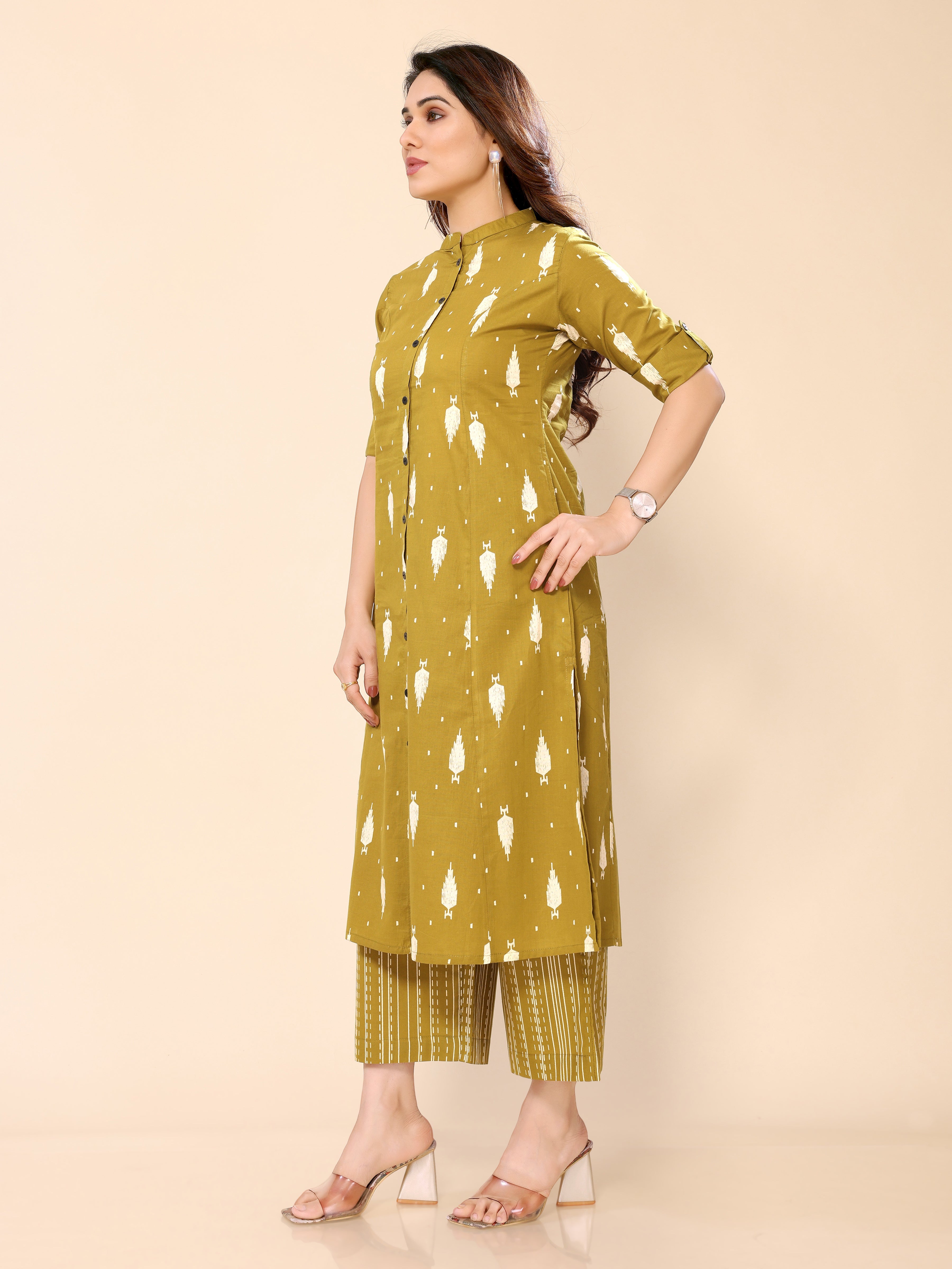 Mustard Printed Cotton Kurta with Palazzo