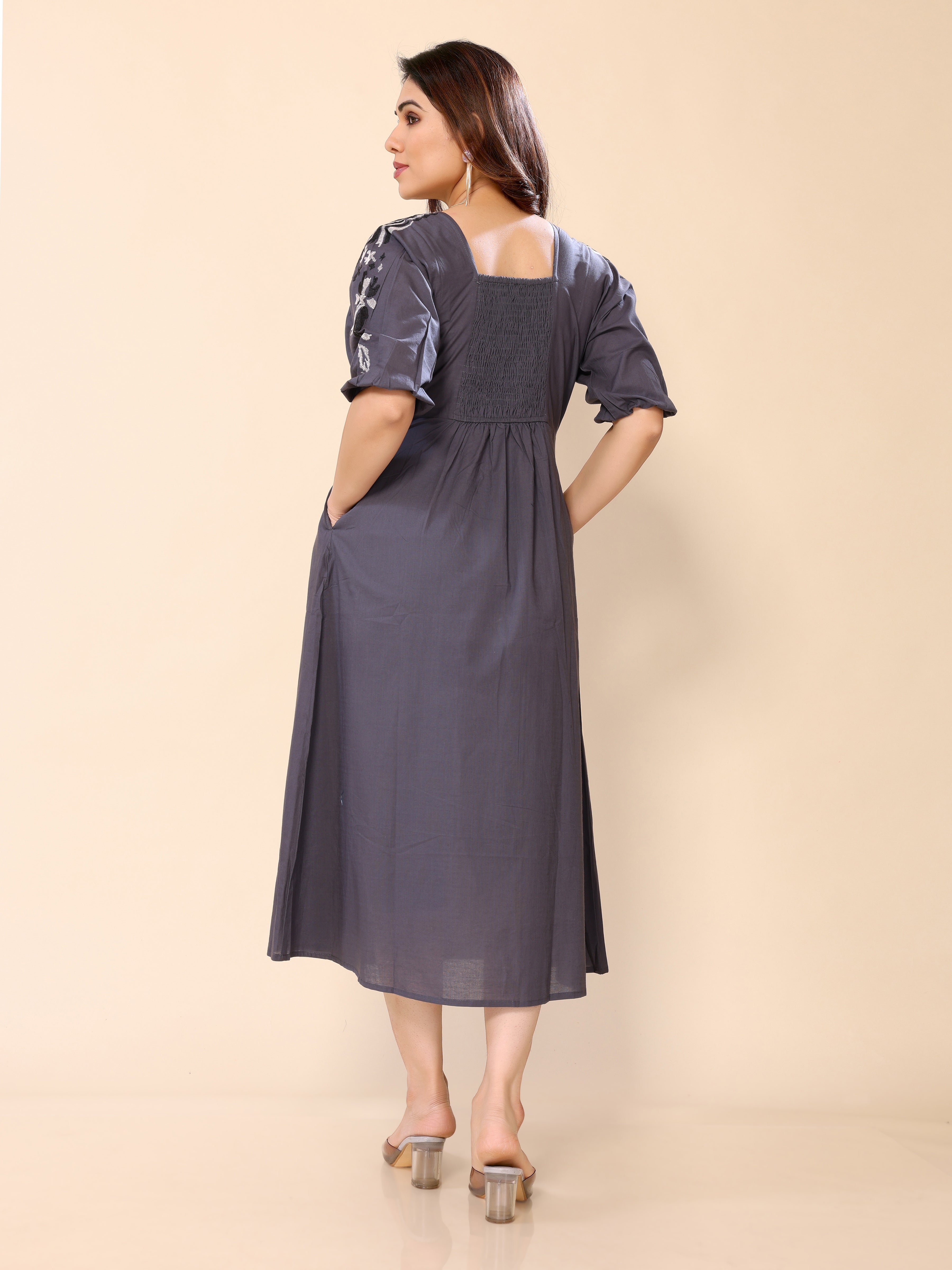 Grey Cotton Floral Embroidery Gown One Piece Dress